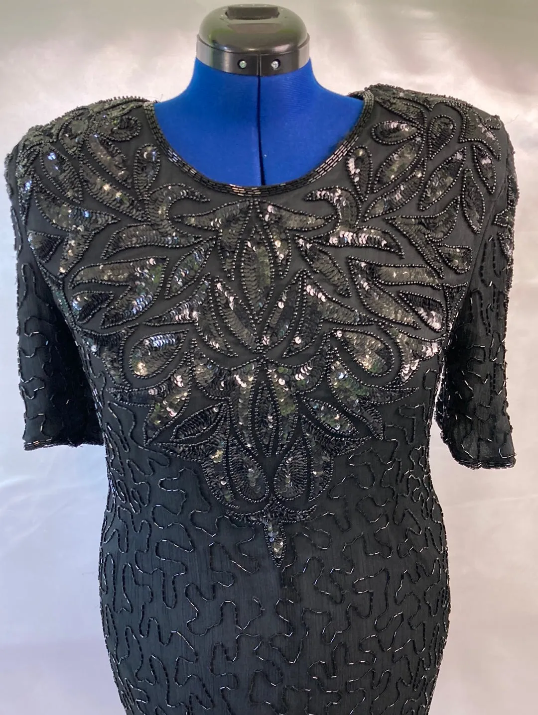 1980's Black Beaded Silk Formal Mother of Bride Dress Vintage Women's  XLG