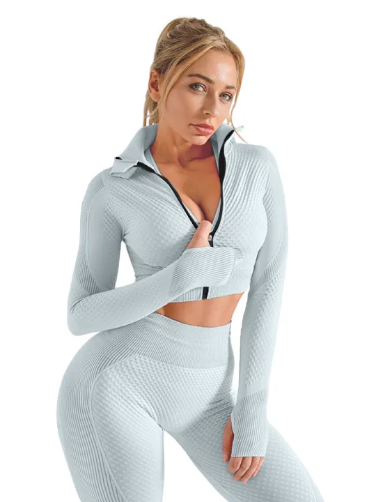 2 piece Zipper Long Sleeve Patchwork Set