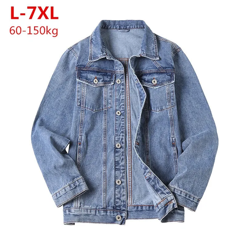 2022 Men'S Denim Jacket Plus Size 5Xl 6Xl 7Xl Light Blue Denim Jacket Men Fashion Design Spring Larg