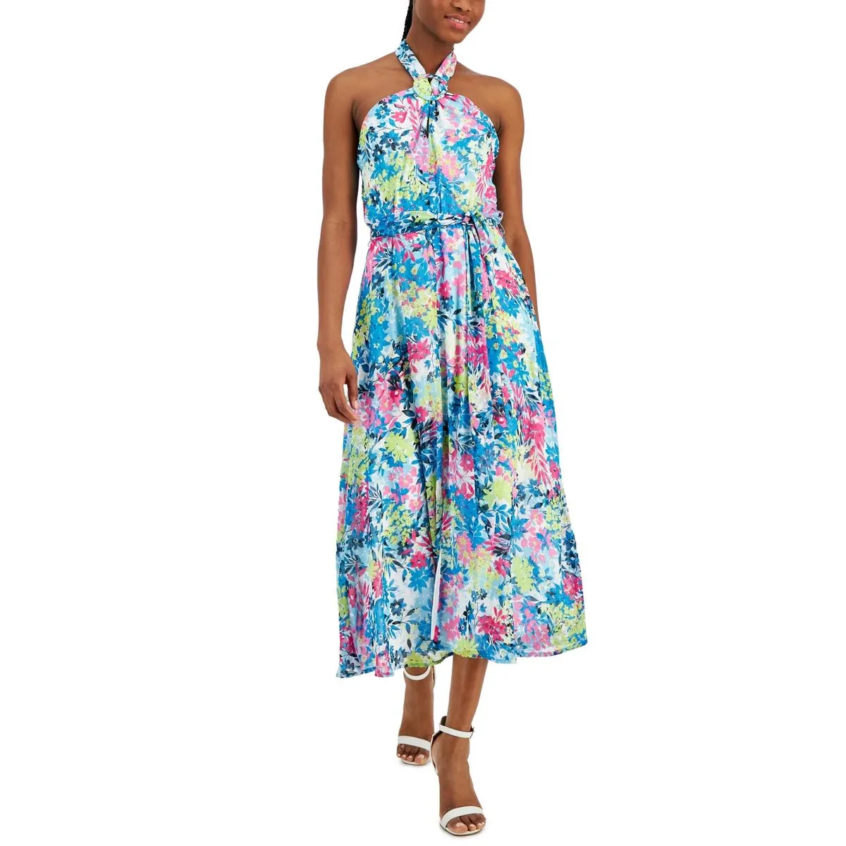 Anne Klein Womens Chiffon Floral Midi Dress