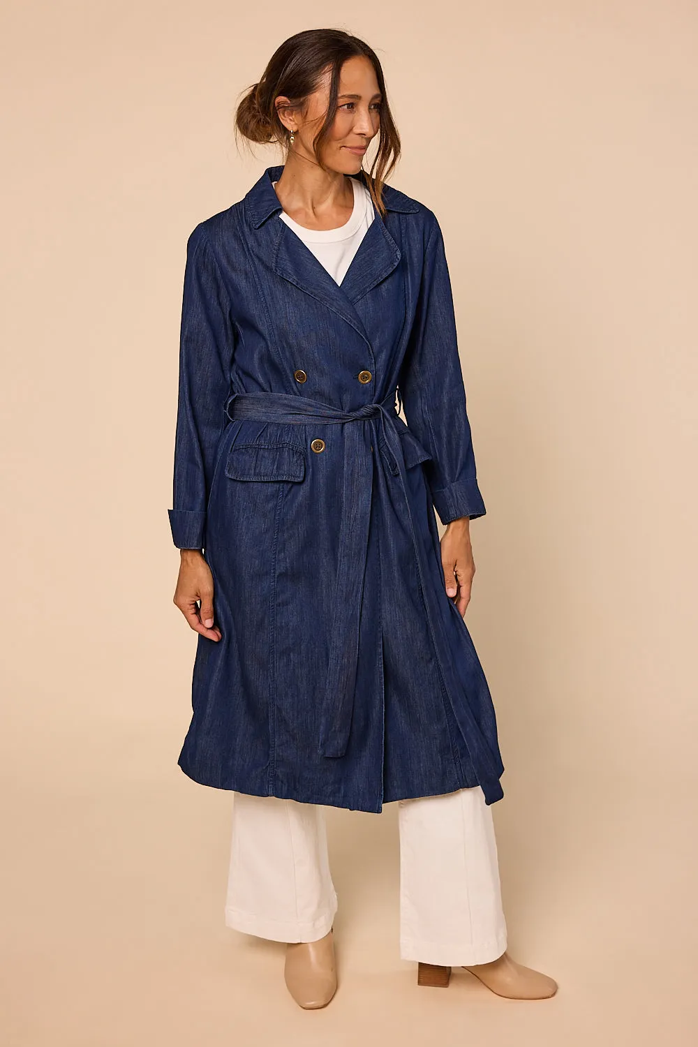 Avalee Long Line Tencel Trench Coat in Dark Wash