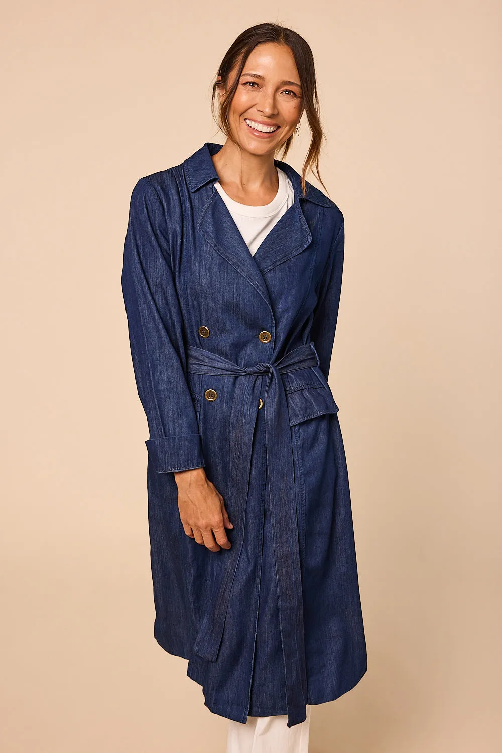 Avalee Long Line Tencel Trench Coat in Dark Wash