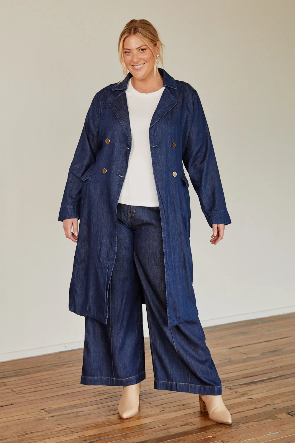 Avalee Long Line Tencel Trench Coat in Dark Wash