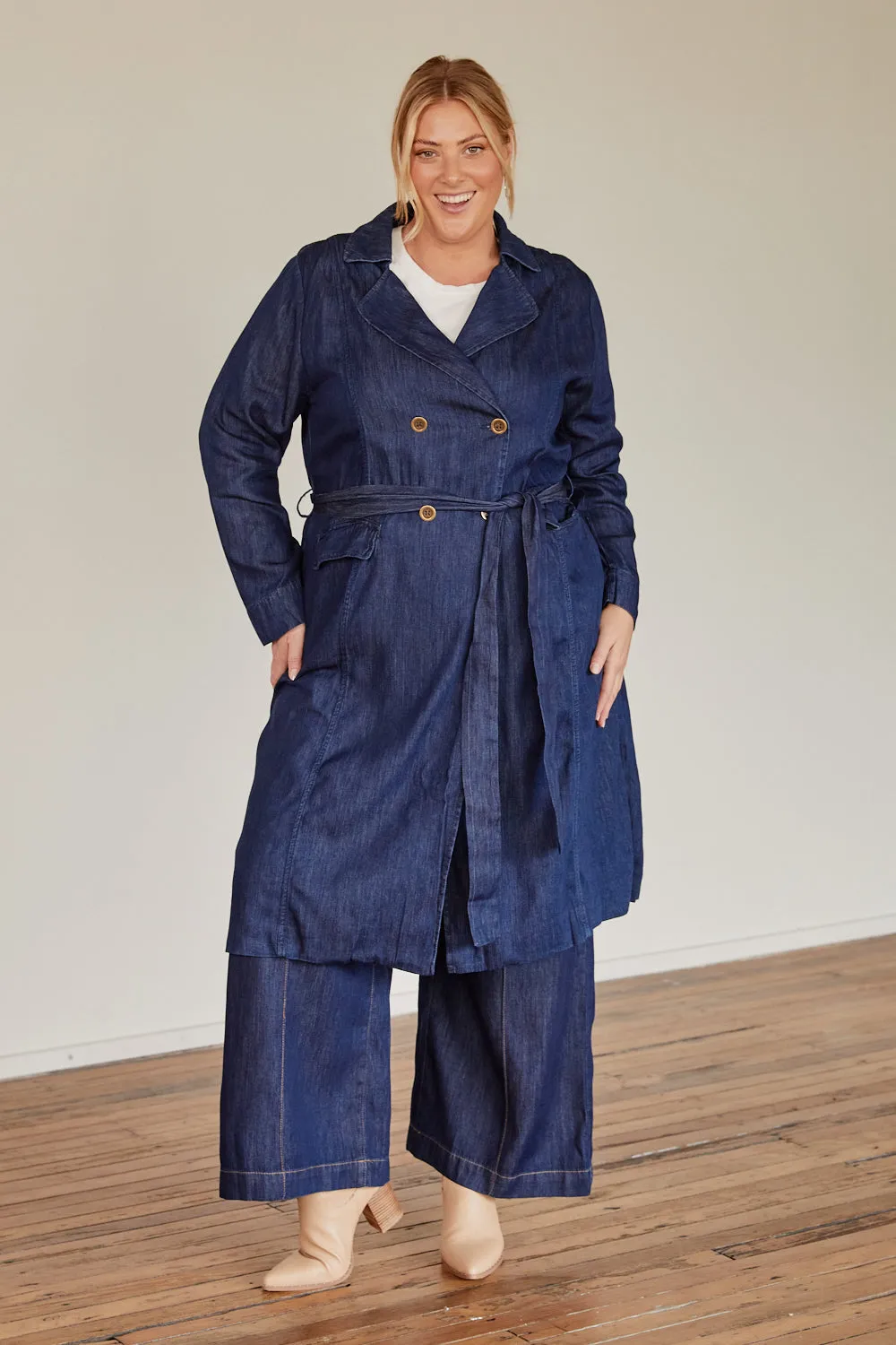 Avalee Long Line Tencel Trench Coat in Dark Wash