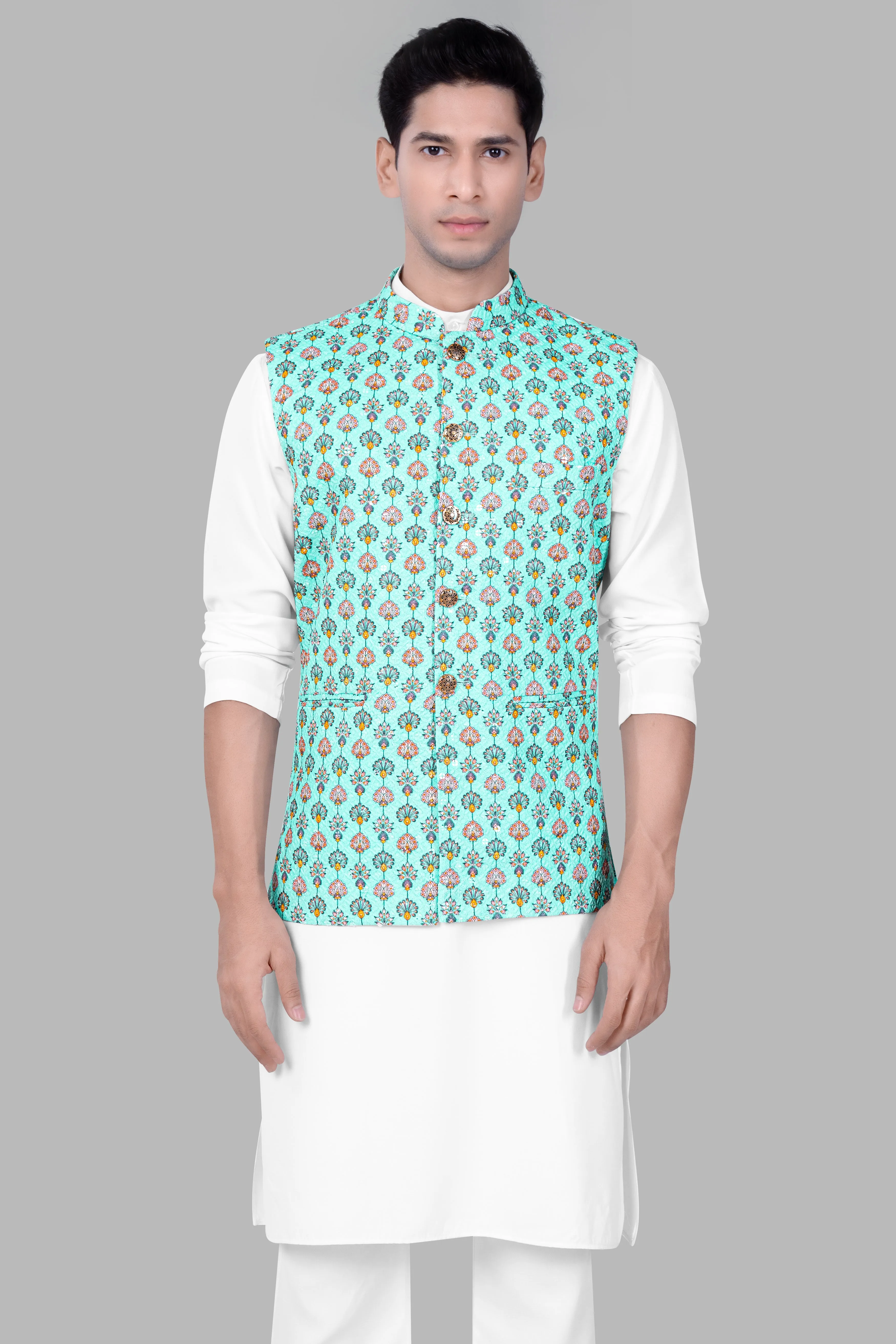 Bisque Beige Kurta Set With Aquamarine Blue And Tangerine Peach Designer Thread Embroidered Nehru Jacket