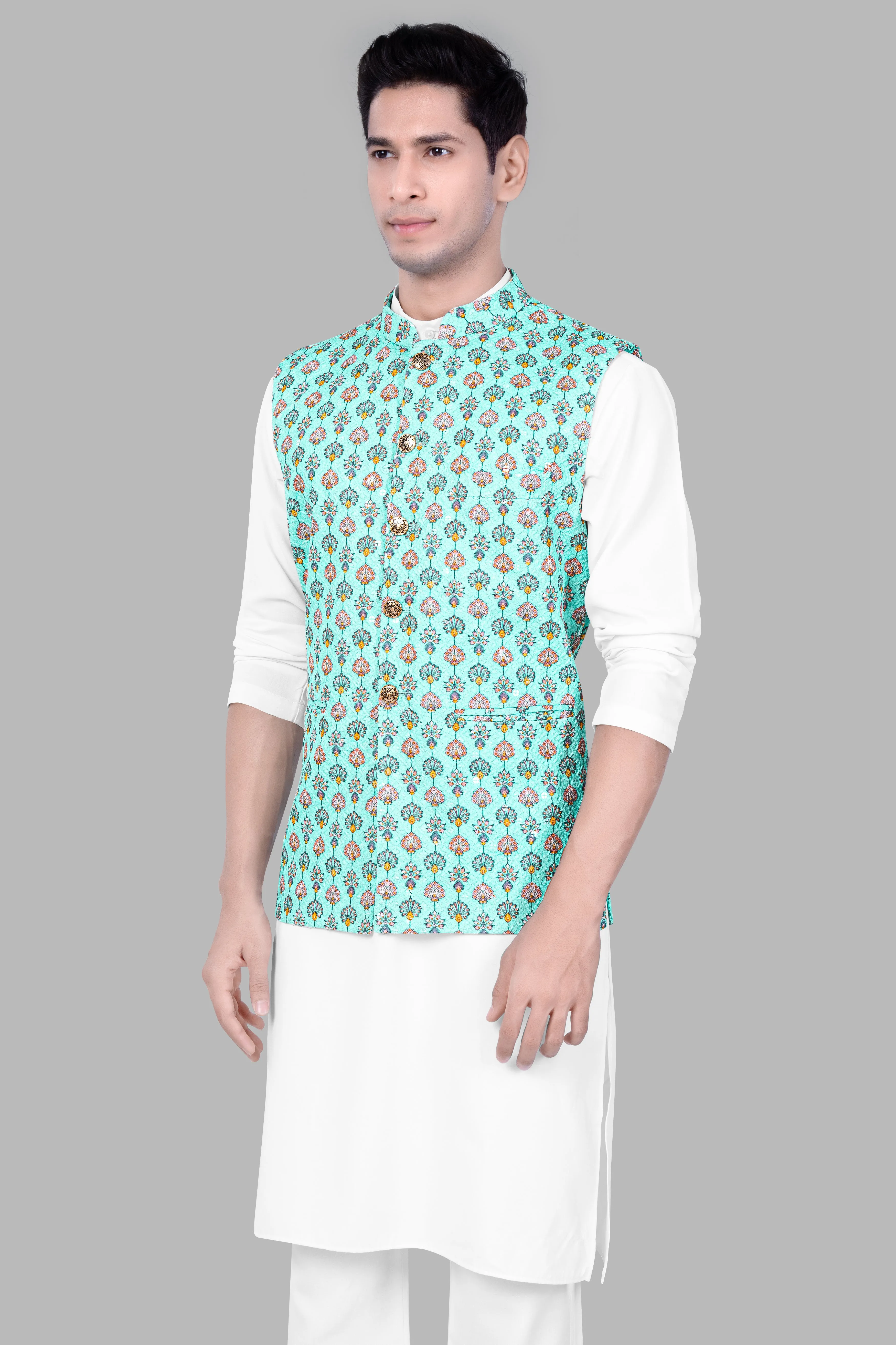 Bisque Beige Kurta Set With Aquamarine Blue And Tangerine Peach Designer Thread Embroidered Nehru Jacket