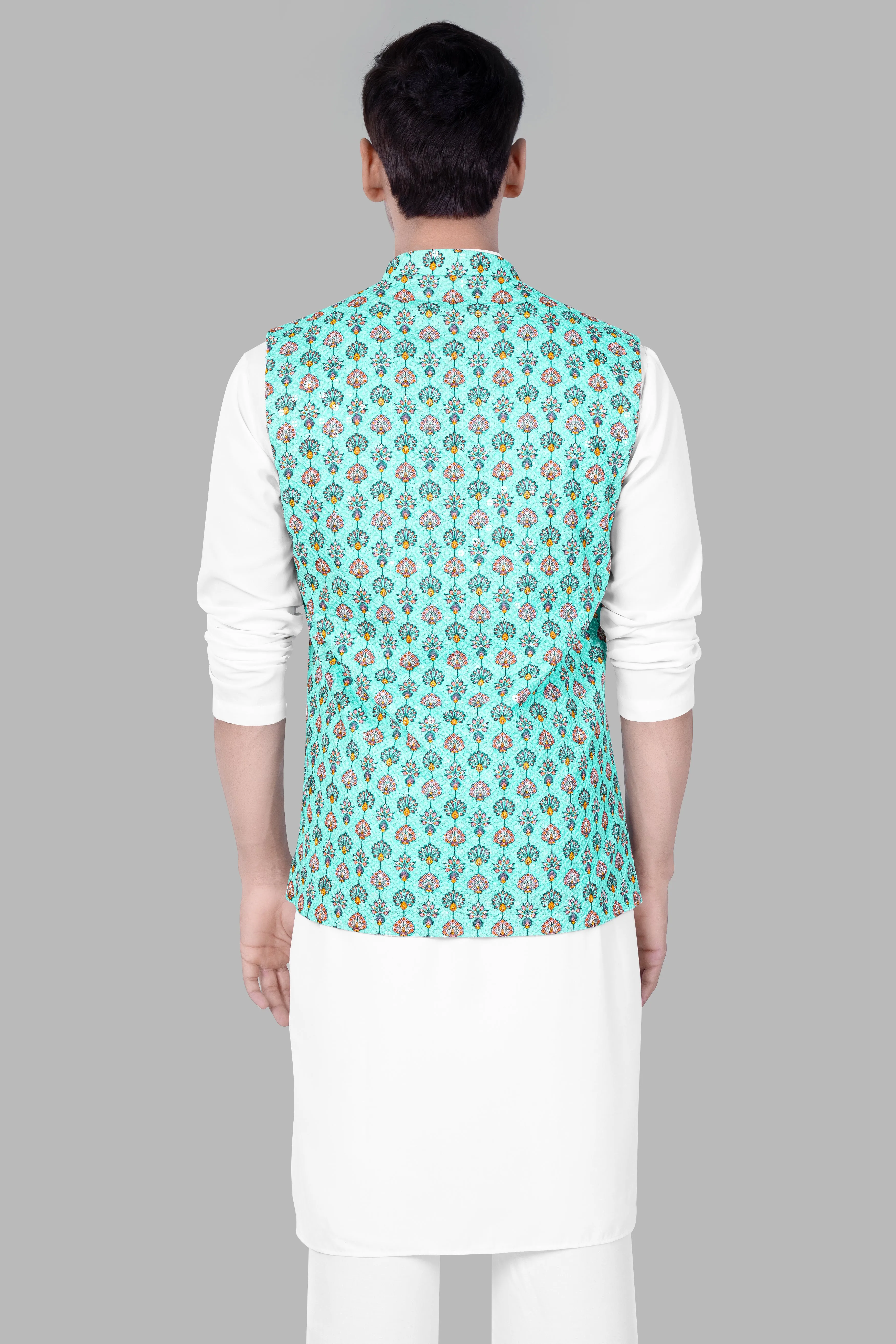 Bisque Beige Kurta Set With Aquamarine Blue And Tangerine Peach Designer Thread Embroidered Nehru Jacket