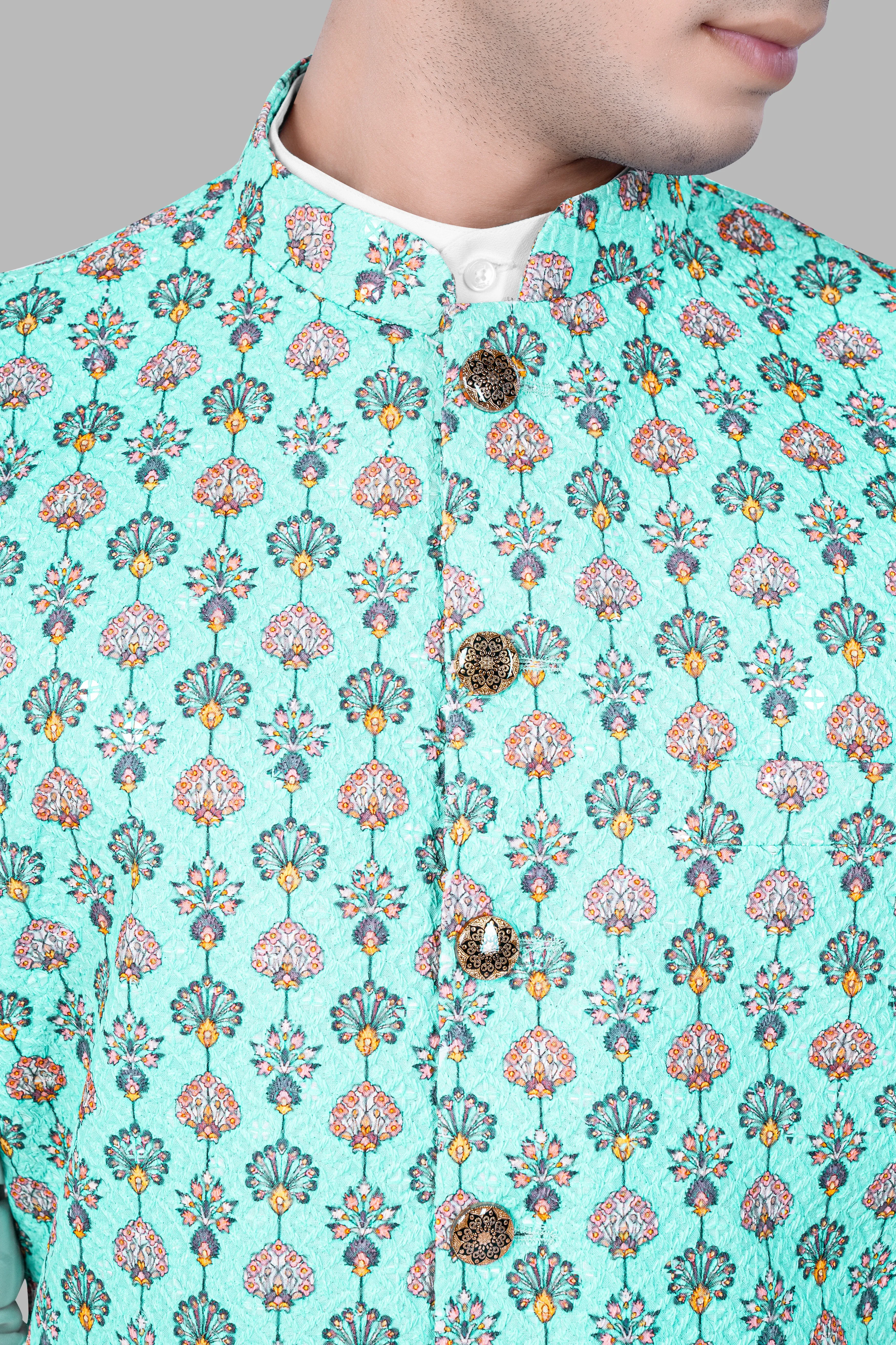 Bisque Beige Kurta Set With Aquamarine Blue And Tangerine Peach Designer Thread Embroidered Nehru Jacket