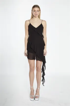 Black Asymmetric-Ruffle Mini-Dress