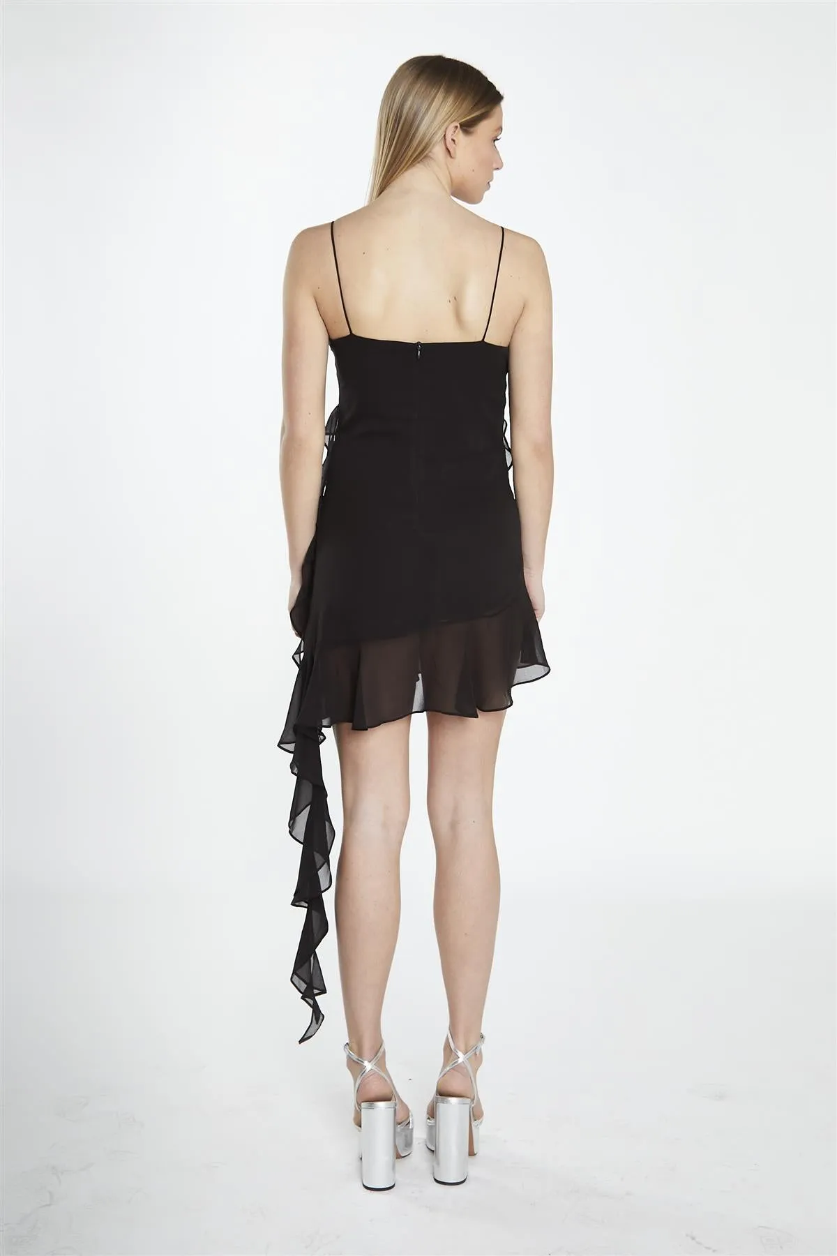 Black Asymmetric-Ruffle Mini-Dress