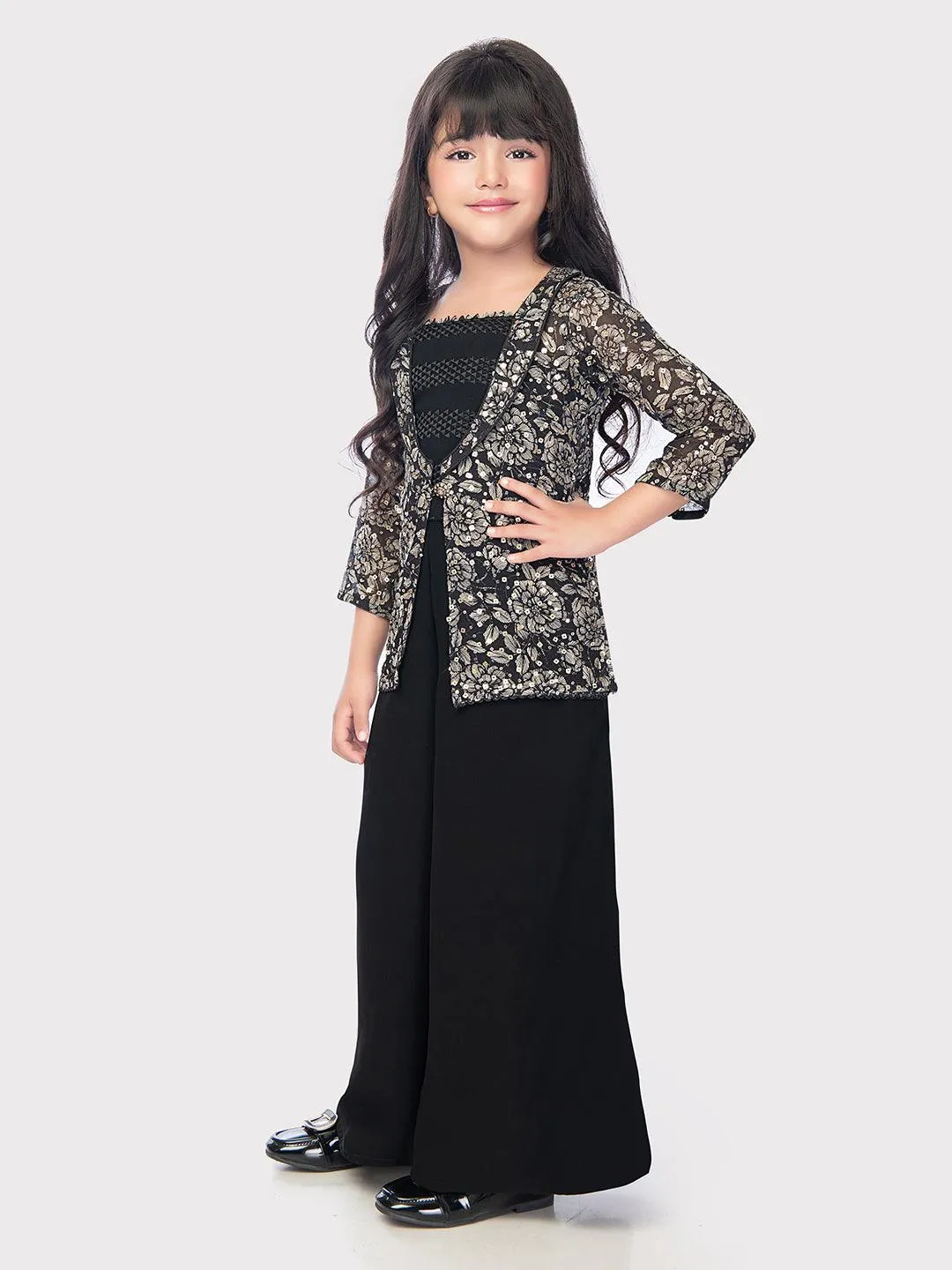 Black Coloured Embroidered Jacket with Palazzo \Fancy Gharara And Sharara For Girls Online / Palazzo Set For Girls