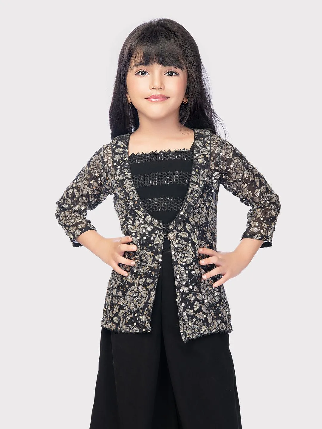 Black Coloured Embroidered Jacket with Palazzo \Fancy Gharara And Sharara For Girls Online / Palazzo Set For Girls