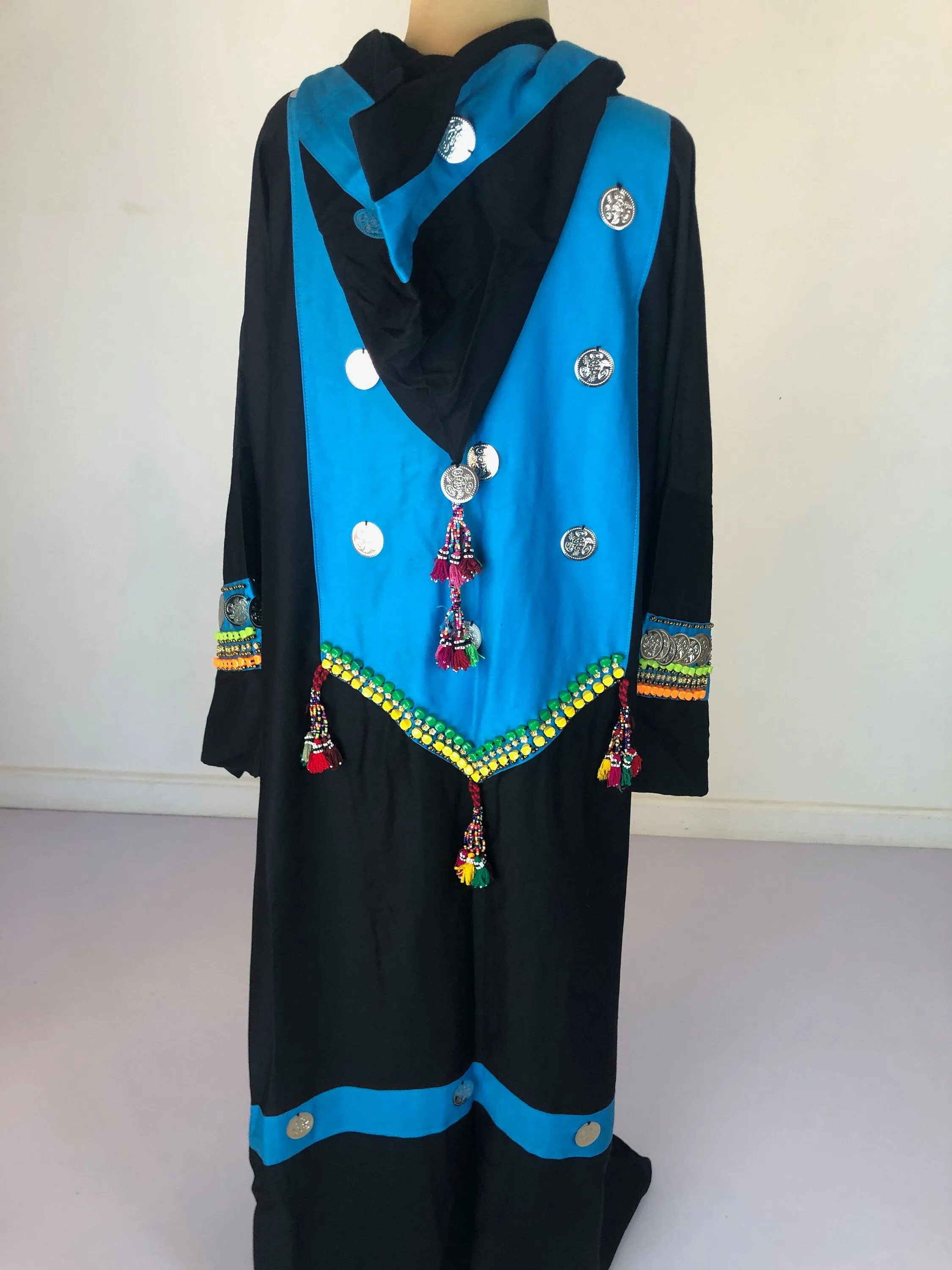 Black Kimono hooded jacket with hand stitched coins and accessories, festival Kimono, bedouin kimono, Cotton Kimono, unique kimono