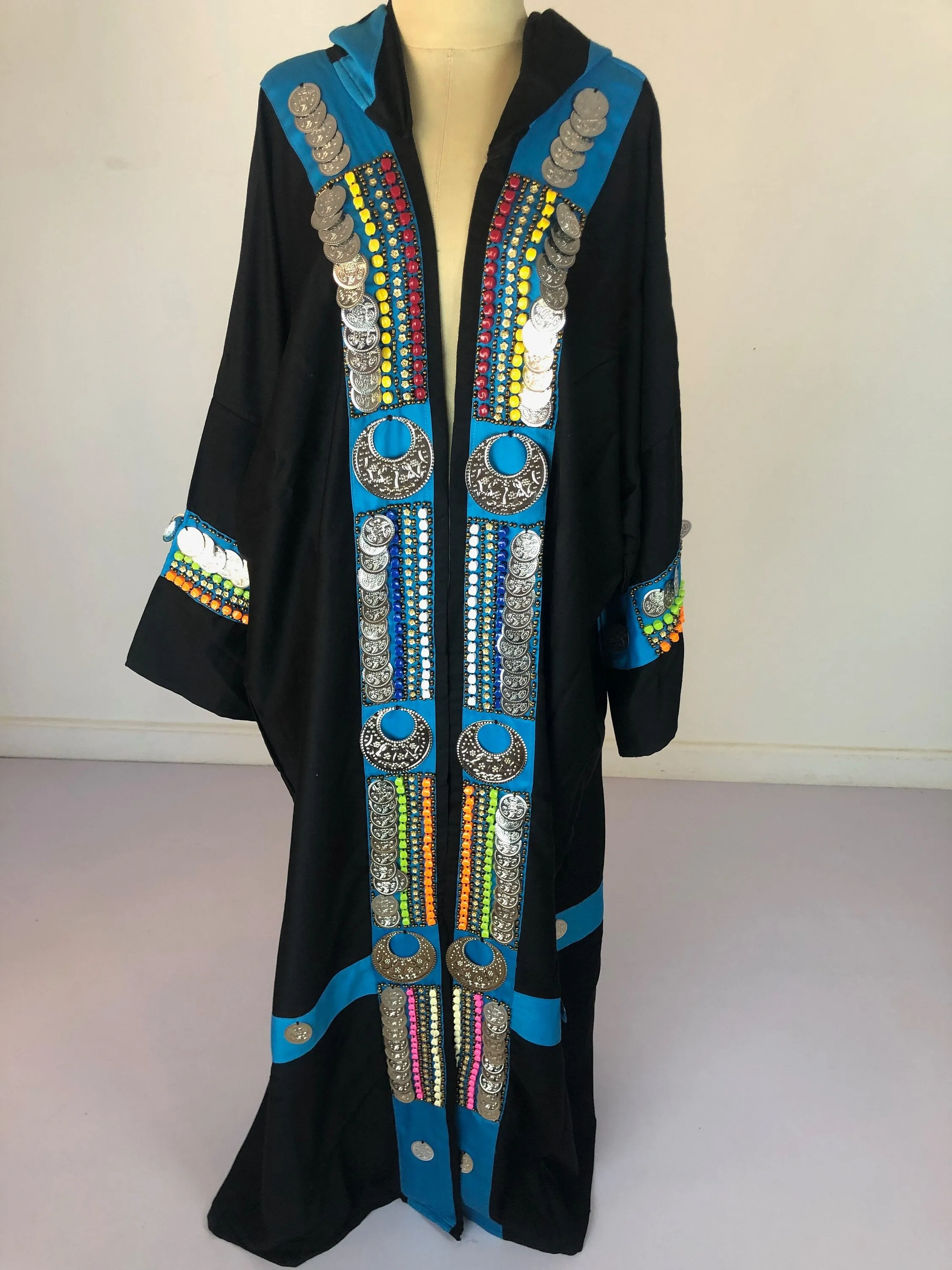 Black Kimono hooded jacket with hand stitched coins and accessories, festival Kimono, bedouin kimono, Cotton Kimono, unique kimono