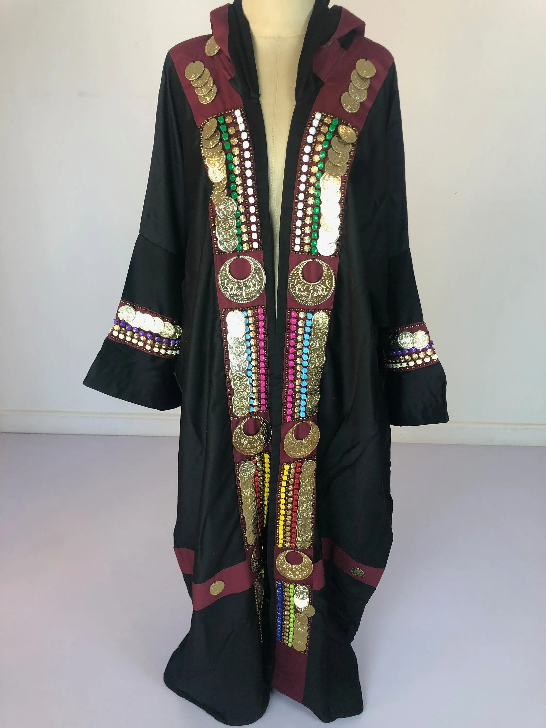 Black Kimono hooded jacket with hand stitched coins and accessories, festival Kimono, bedouin kimono, Cotton Kimono, unique kimono