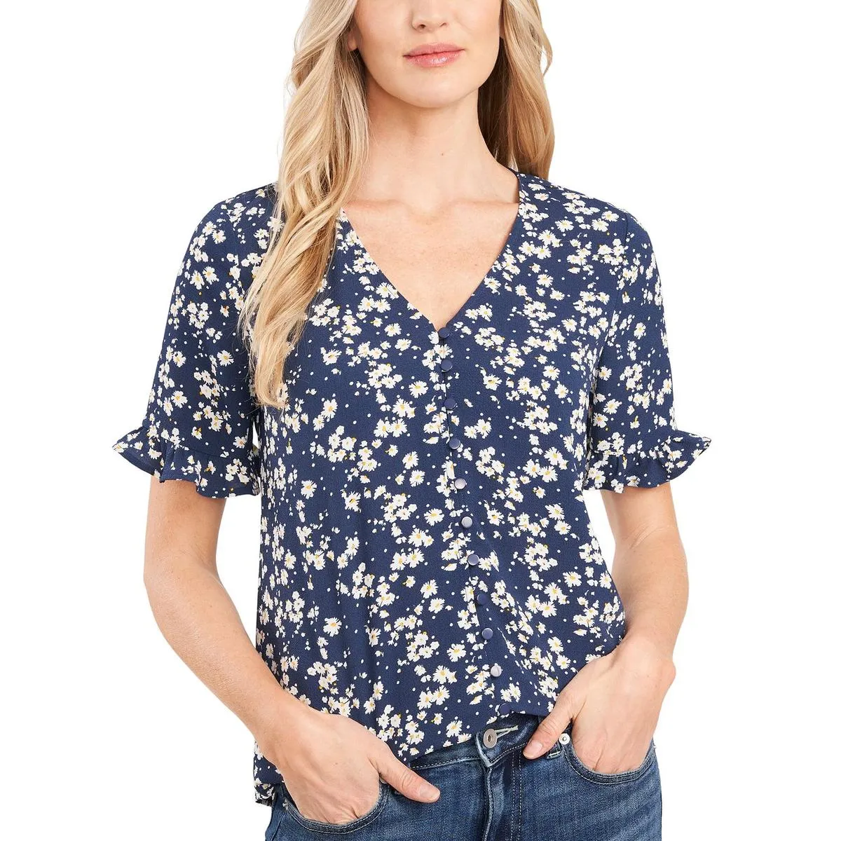 CeCe Womens Floral Ruffled Button-Down Top