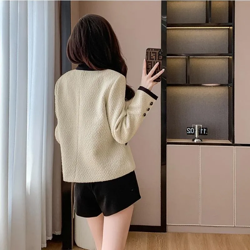 Chic Double Pocket Tweed Jacket Women