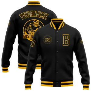 Custom Black Black-Gold Bomber Full-Snap Varsity Letterman Jacket