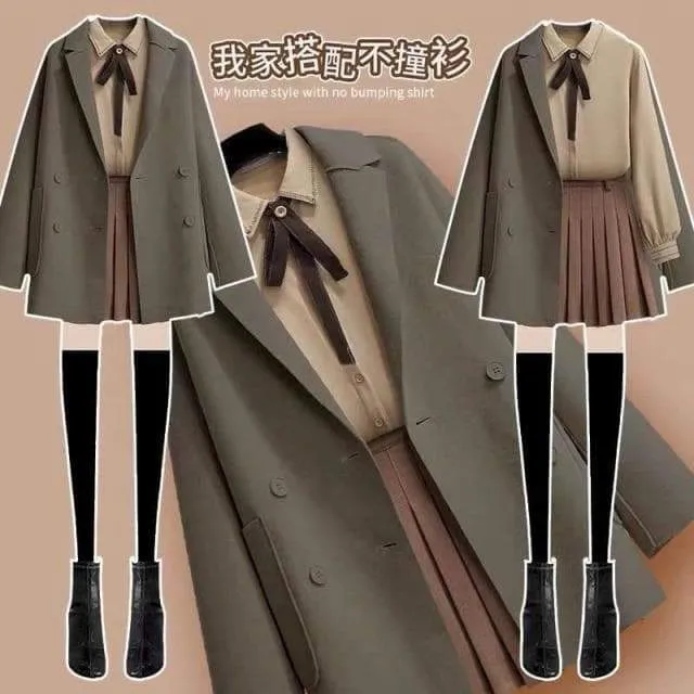 Dark Academia Woolen Coat Three-Piece With Jacket, Blouse, And Short Skirt SP15768