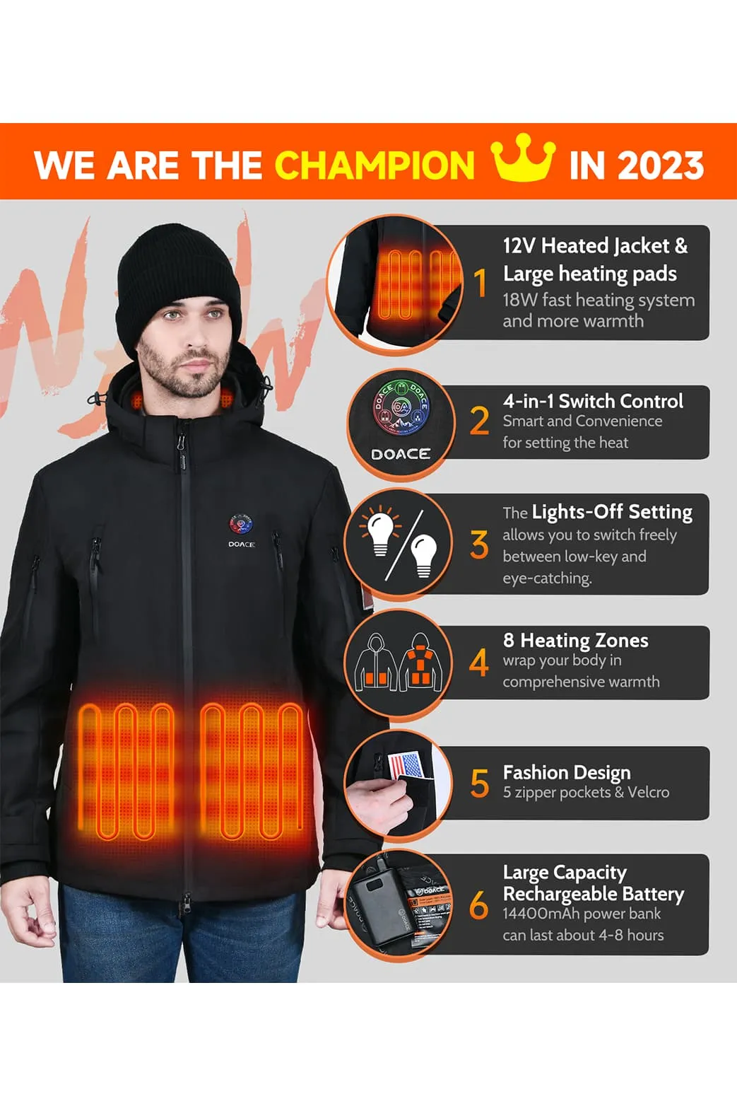 DOACE 12V Soft Shell Heated Jacket for Men and Women with14400mAh Battery Pack