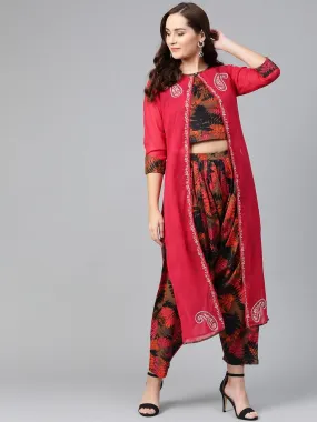 Embroidered Jacket With Printed Top And Pants