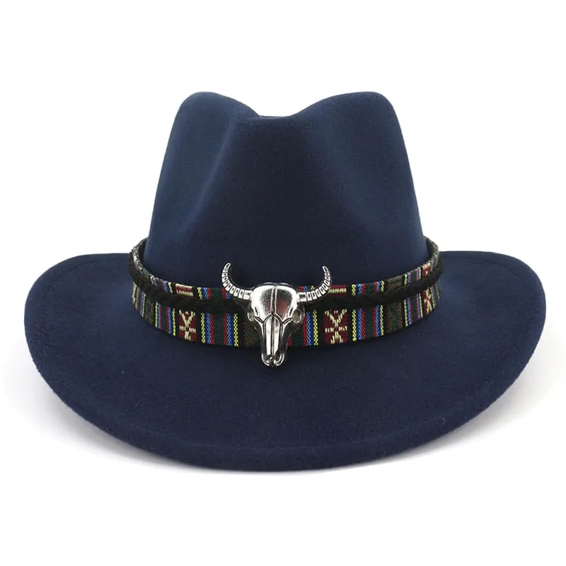 Ethnic Style Cowboy Hat Men Wool Wide Brim Unisex Bull Shaped Decor Western Cowboy Hats Women Elegant Party Caps