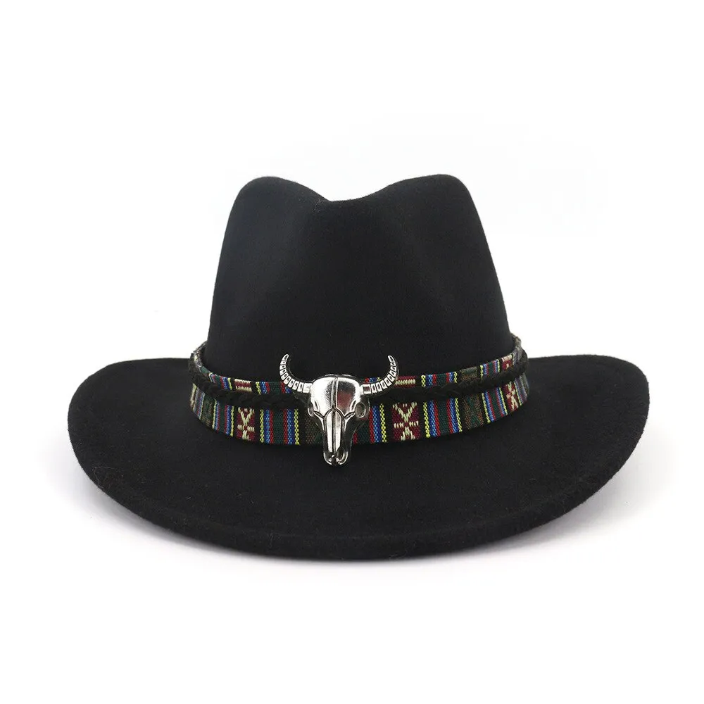 Ethnic Style Cowboy Hat Men Wool Wide Brim Unisex Bull Shaped Decor Western Cowboy Hats Women Elegant Party Caps