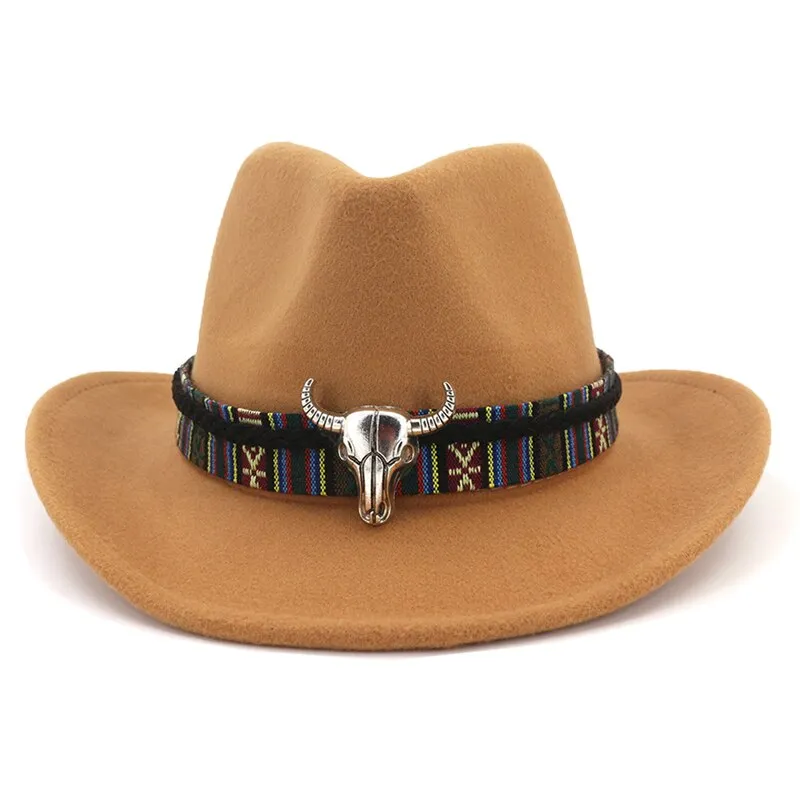 Ethnic Style Cowboy Hat Men Wool Wide Brim Unisex Bull Shaped Decor Western Cowboy Hats Women Elegant Party Caps