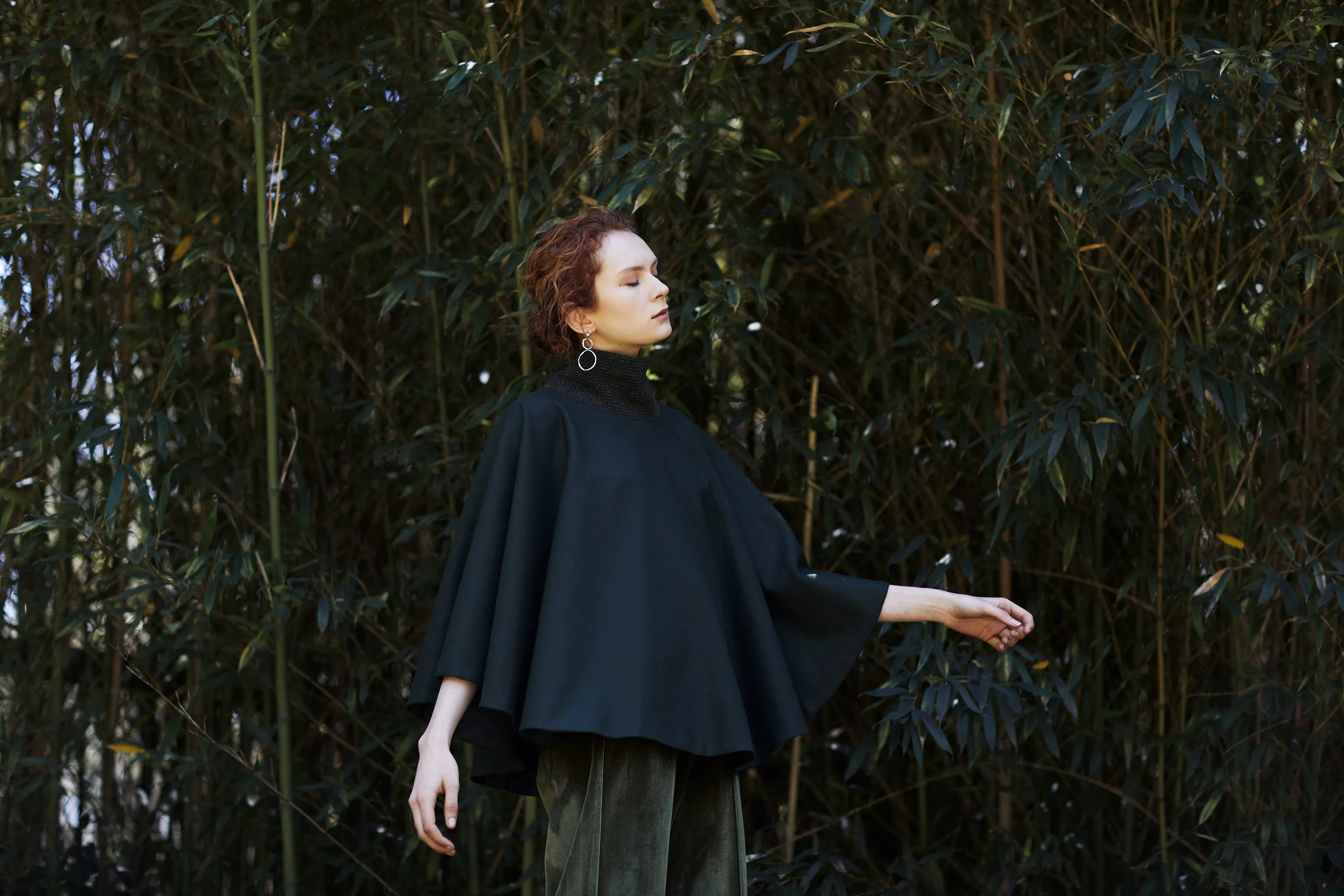 FERN CAPE [ Olive Green Wool, Turtleneck Poncho ]