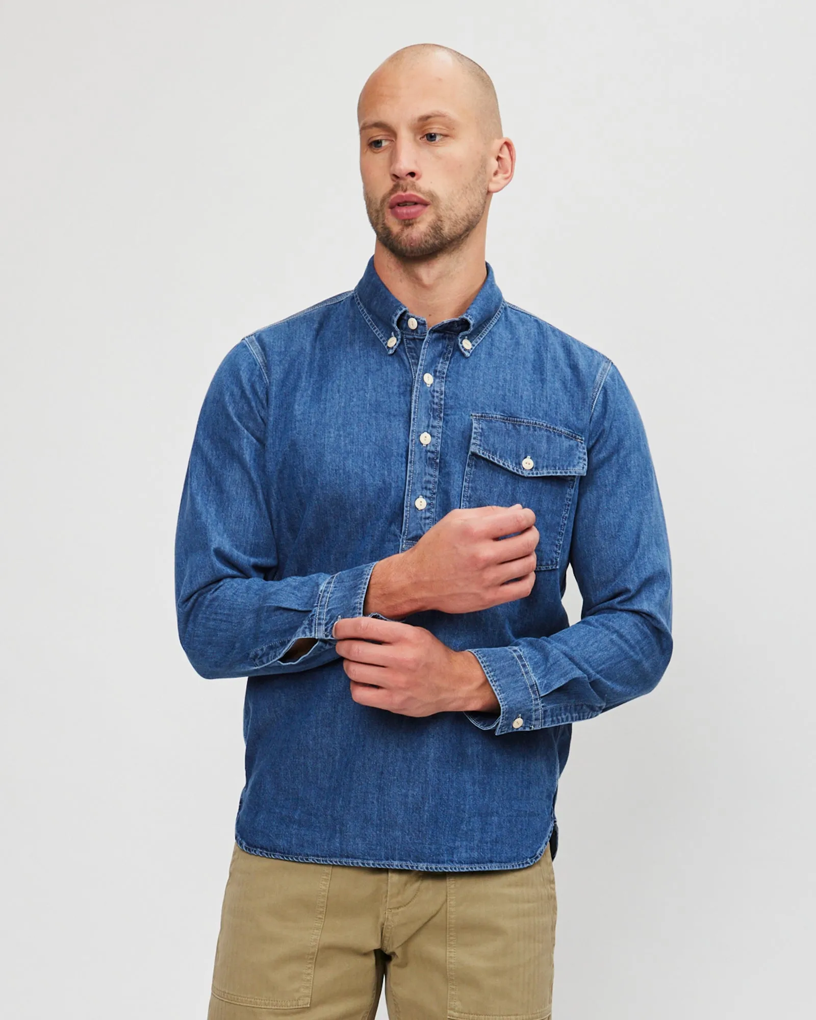 Fortela Stone Washed Denim Half Placket Button-Down Shirt