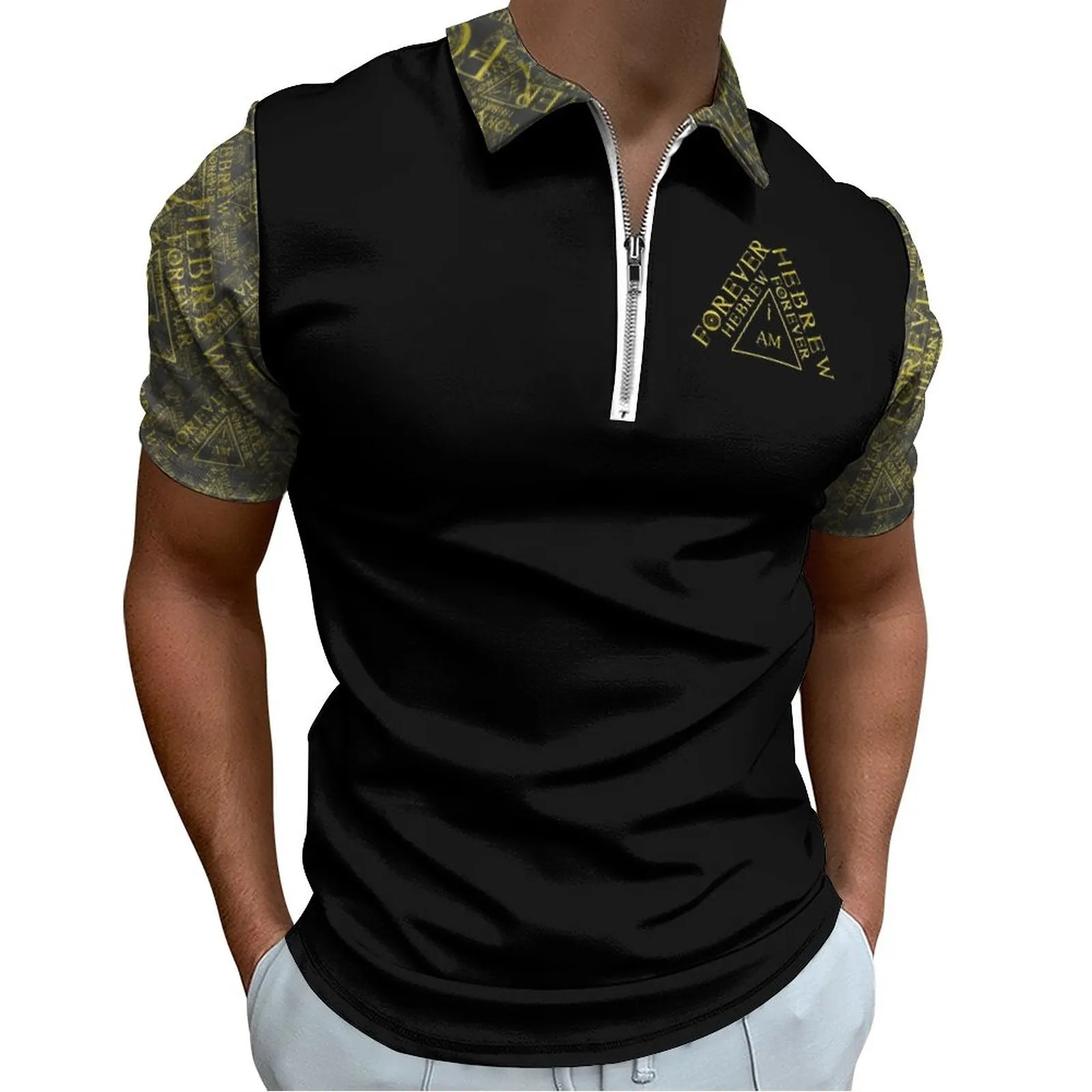 I AM HEBREW 03-01 Men's Designer Short Sleeve Zip Placket Polo Shirt