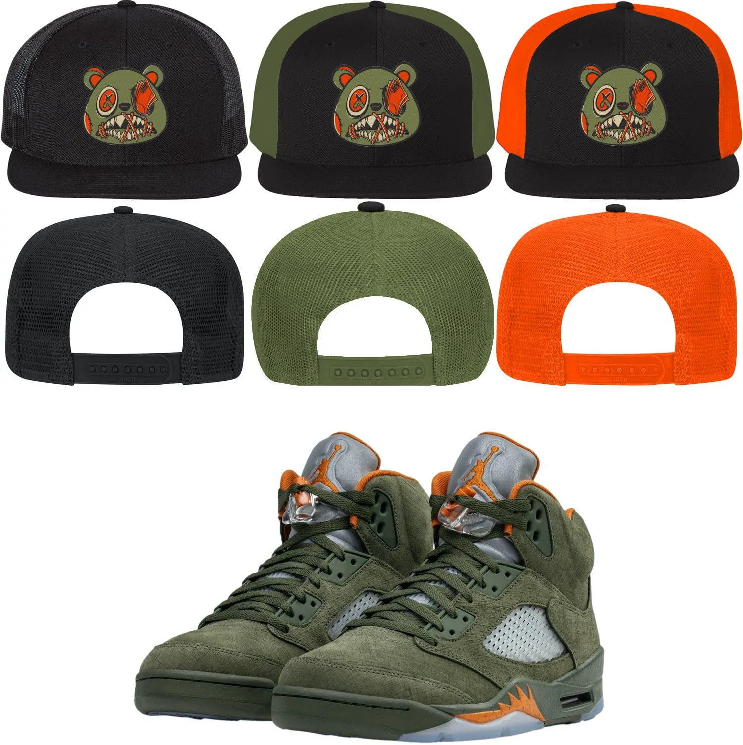 Jordan 5 Olive 5s Flat Brim Trucker Snapback Hat to Match : CELADON MONEY TALKS BAWS