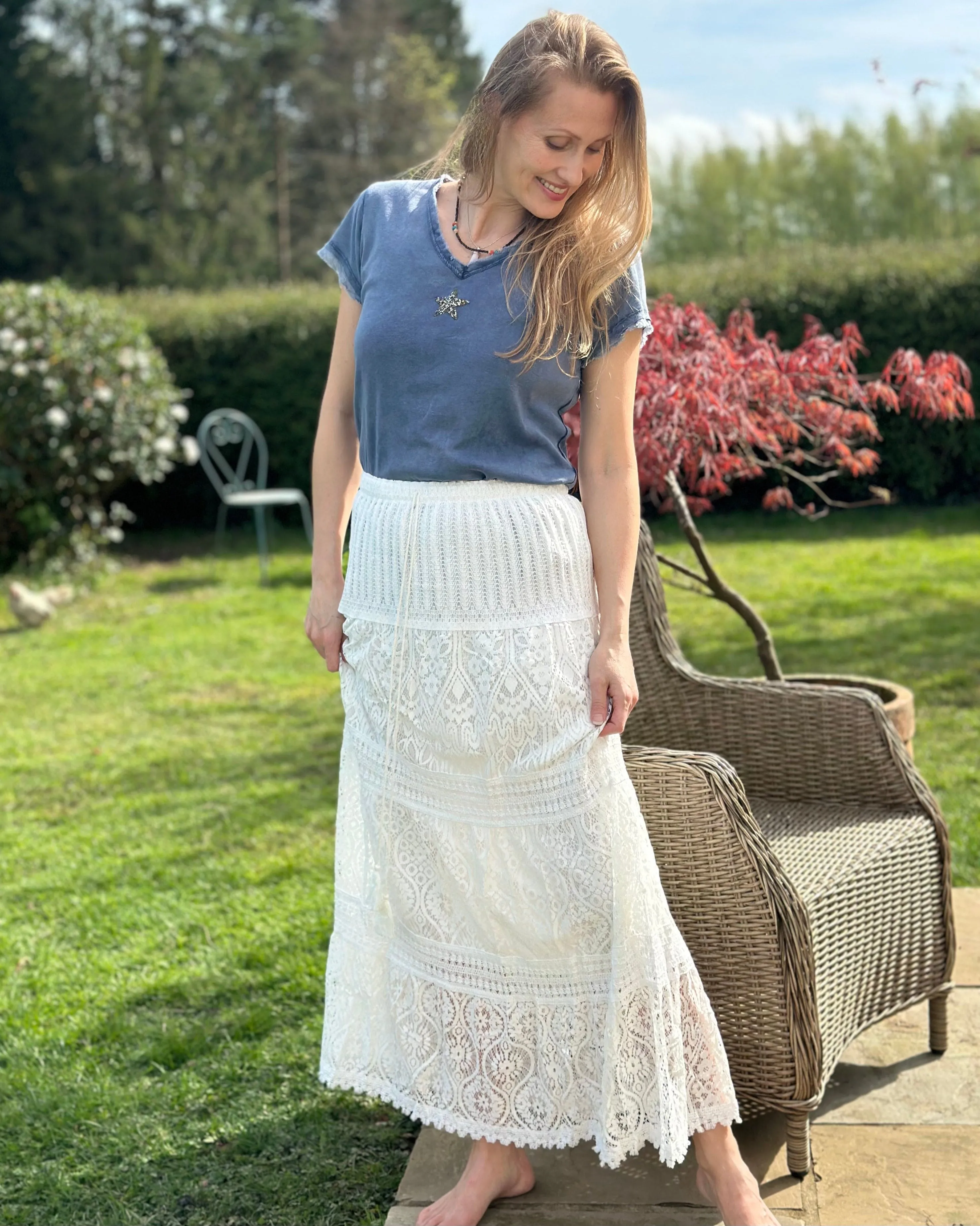 Lace Detail Long Skirt - White