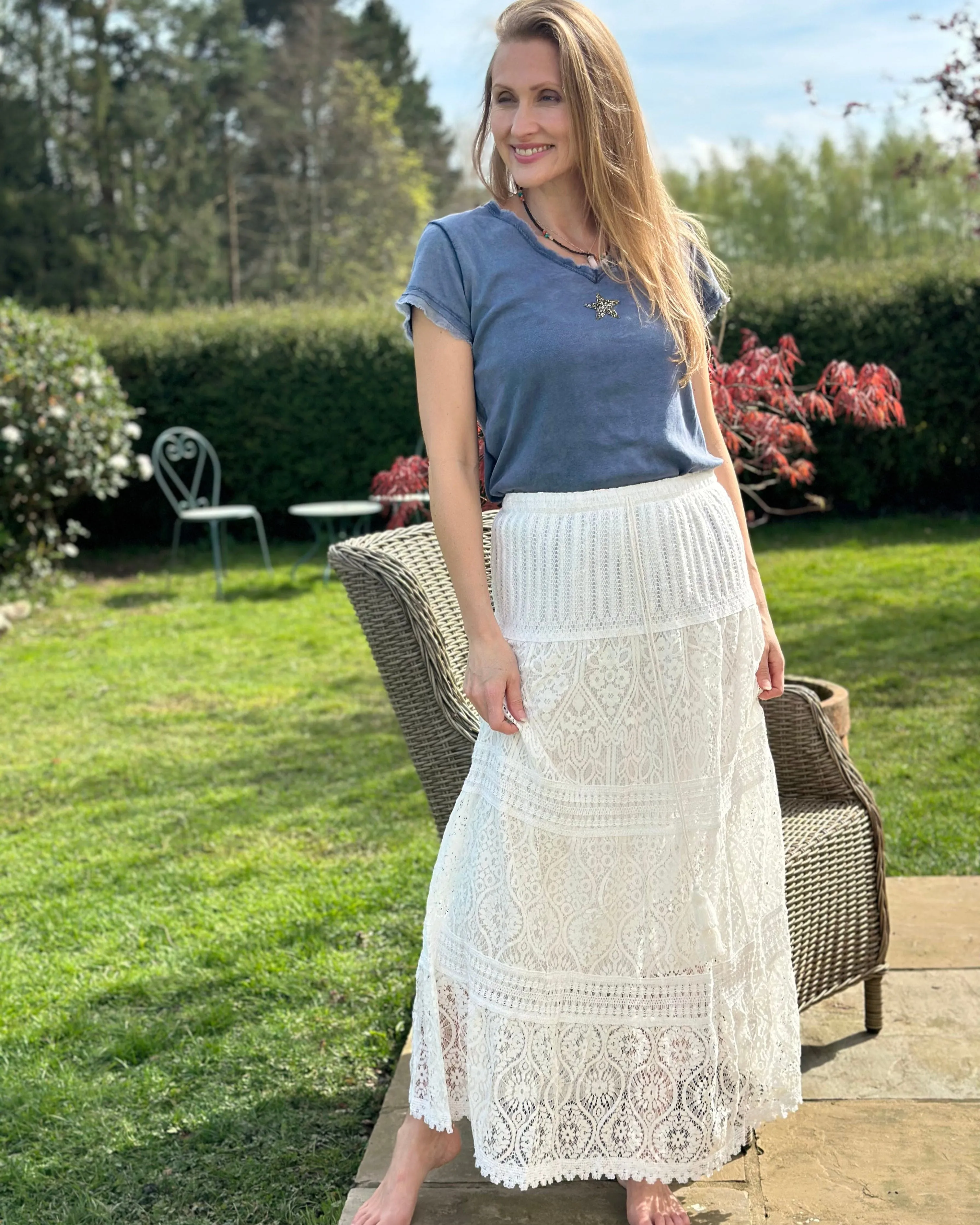 Lace Detail Long Skirt - White