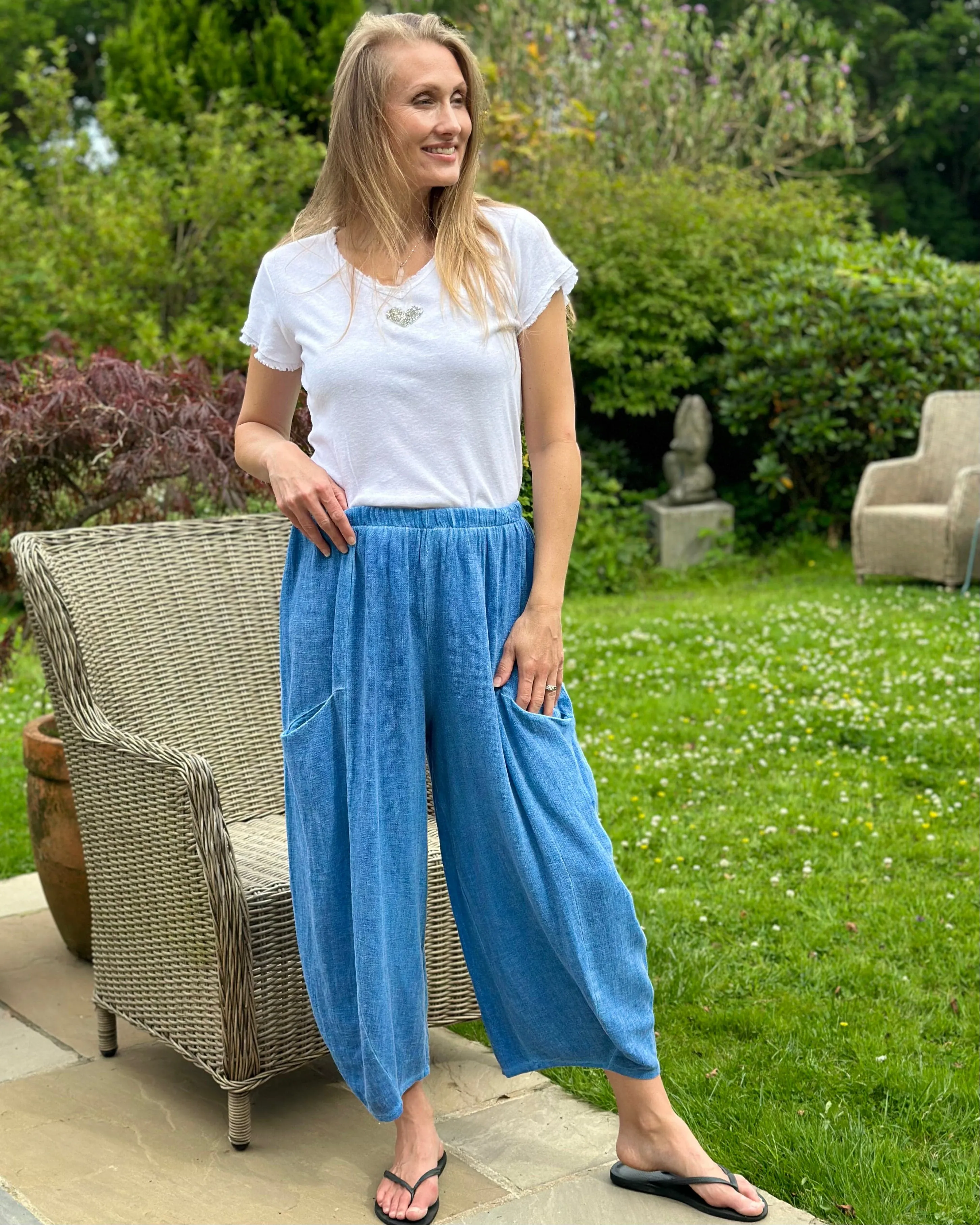 Linen Mix Balloon Style Trousers - Cornflower Blue