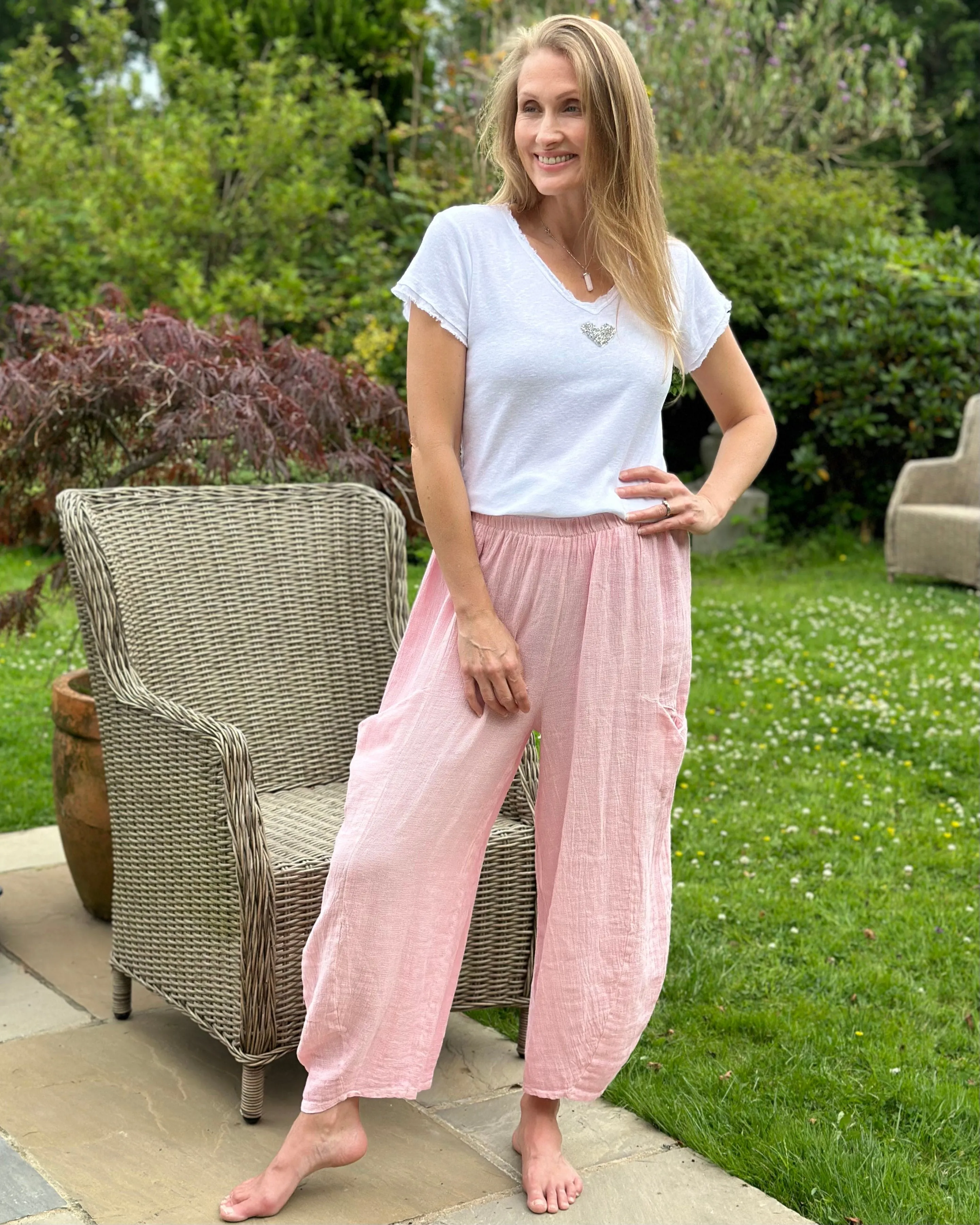 Linen Mix Balloon Style Trousers - Pink