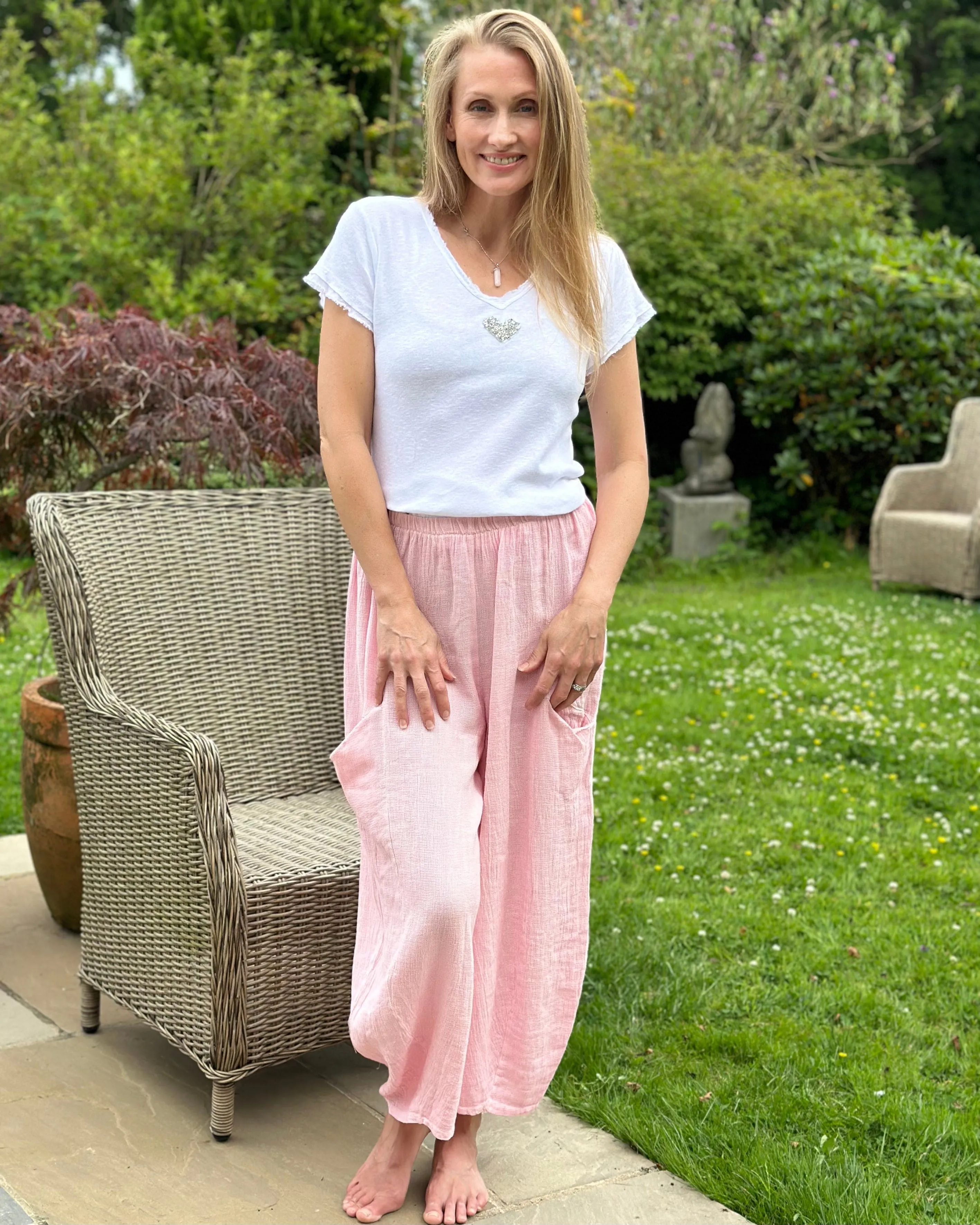 Linen Mix Balloon Style Trousers - Pink