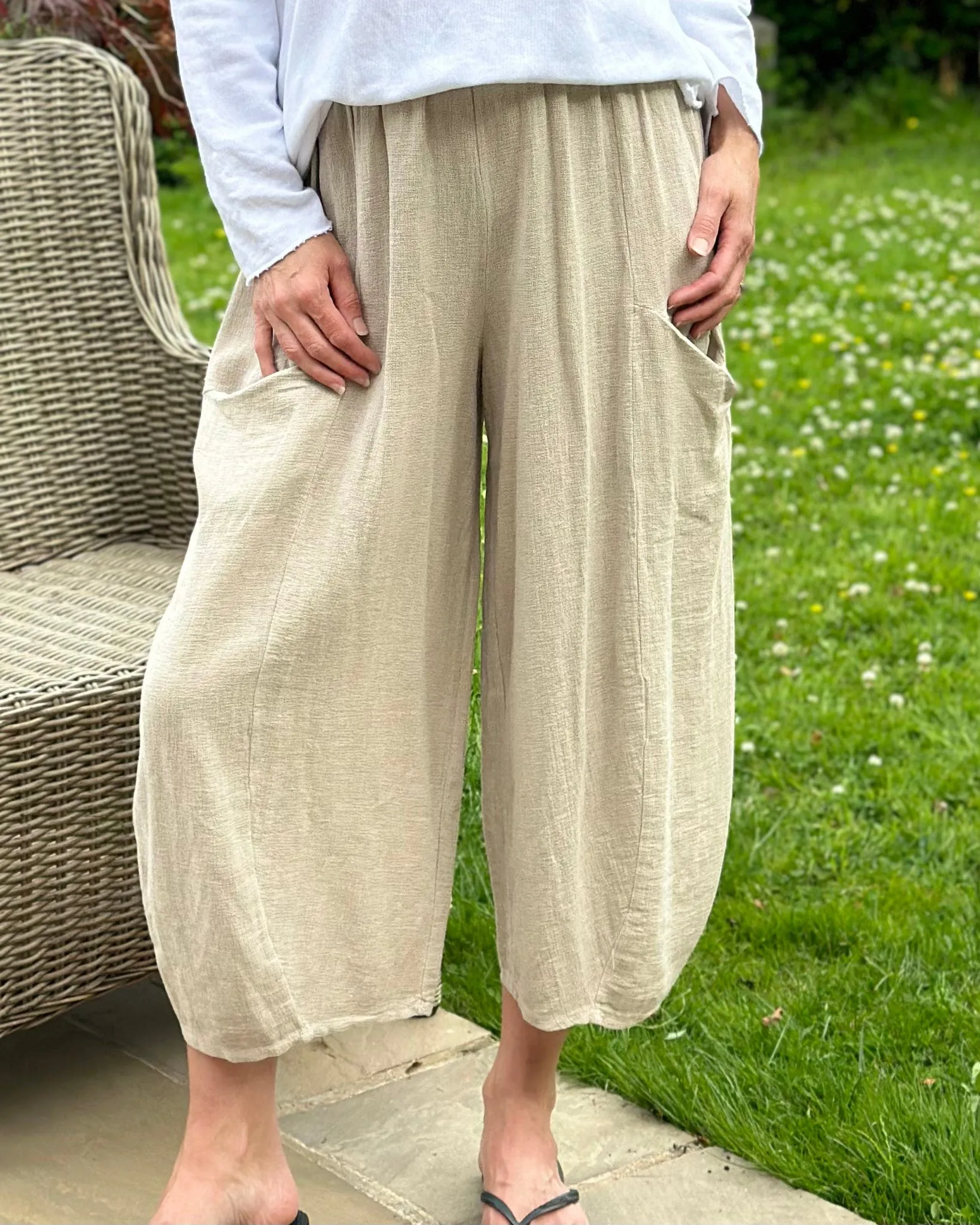 Linen Mix Balloon Style Trousers - Stone