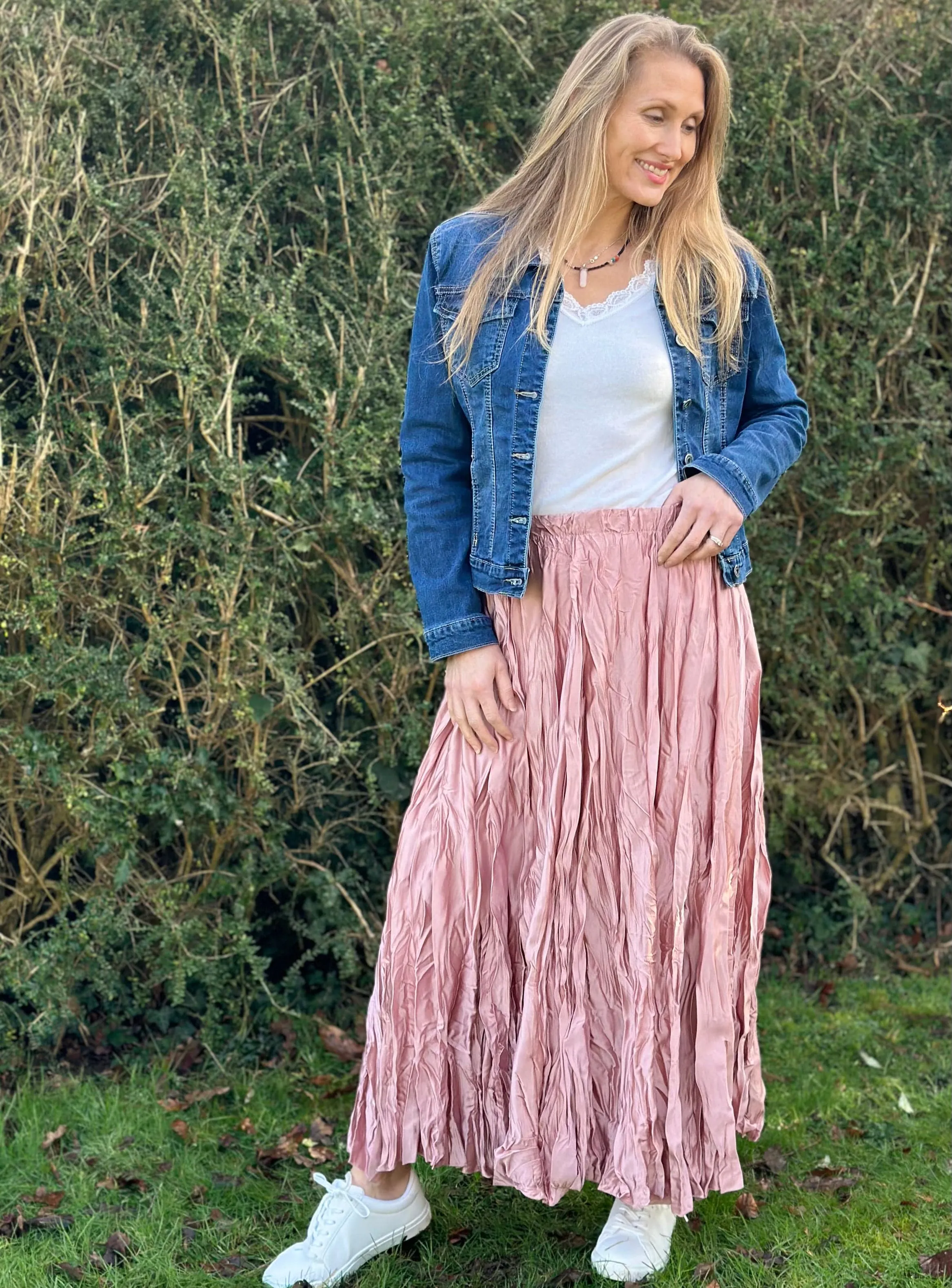 Long Crinkle Satin Skirt - Pink