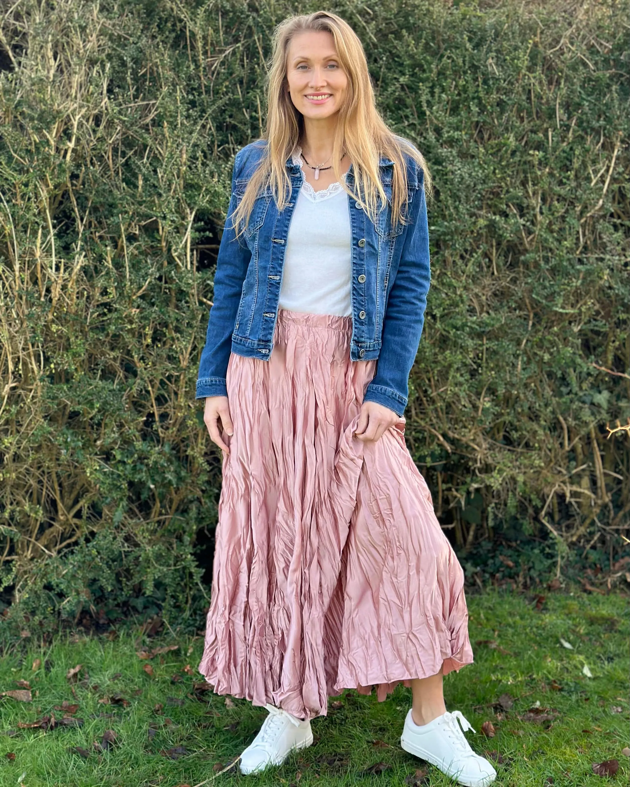 Long Crinkle Satin Skirt - Pink