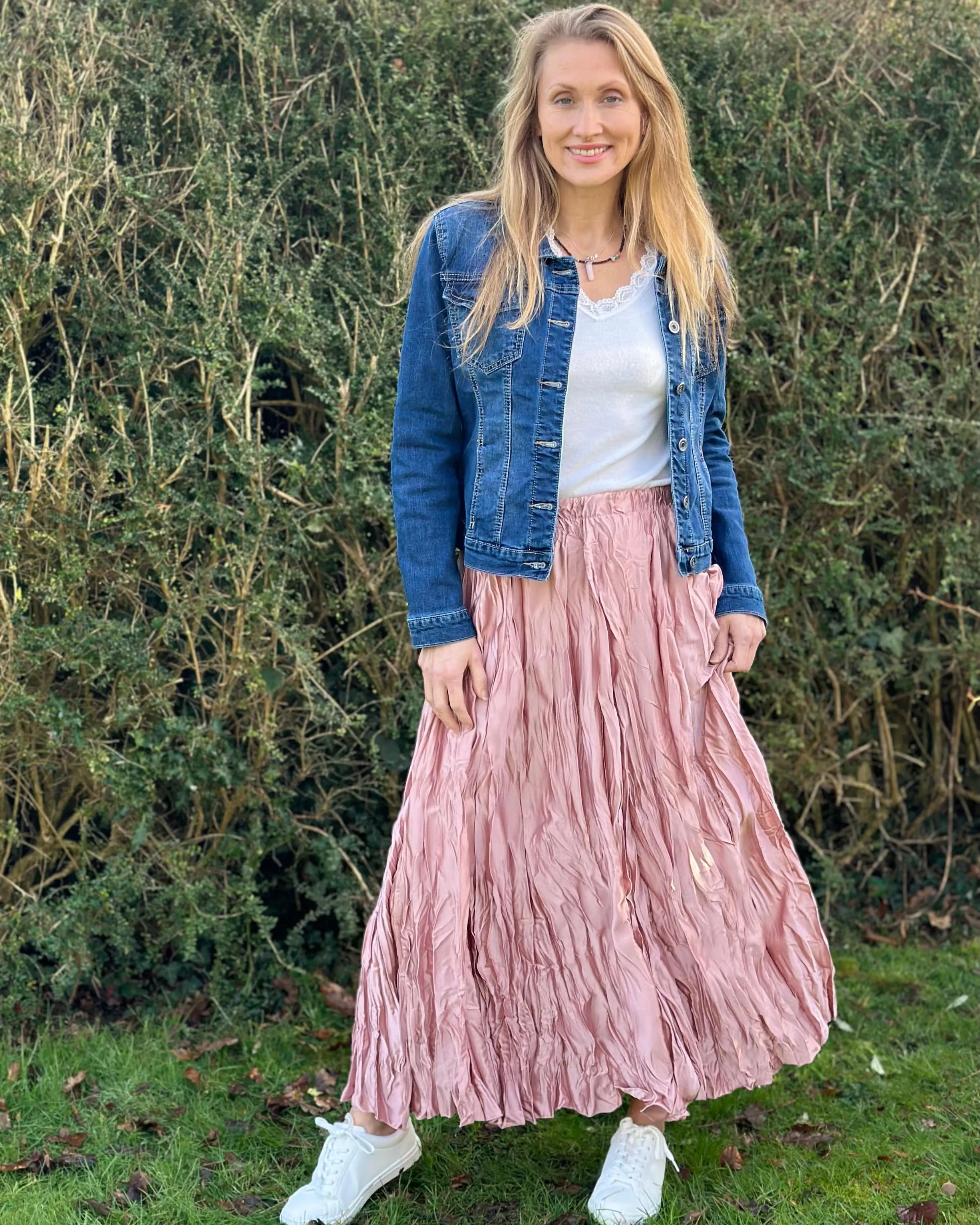 Long Crinkle Satin Skirt - Pink