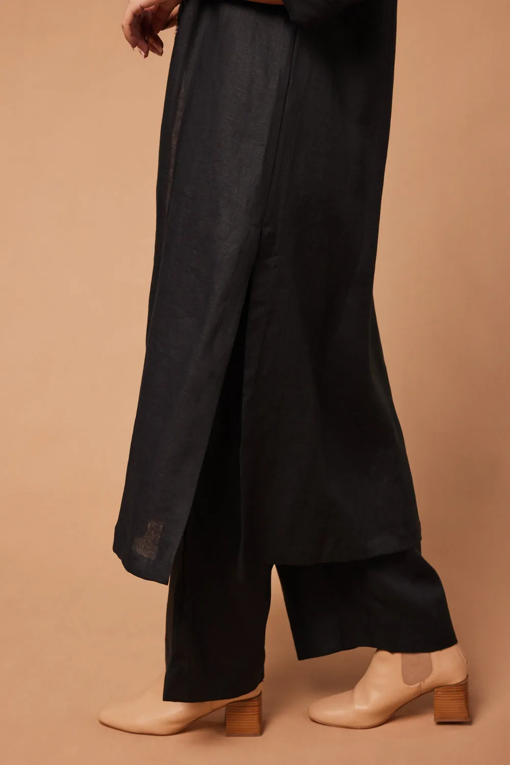 Long Line Fringed Linen Duster Jacket in Black