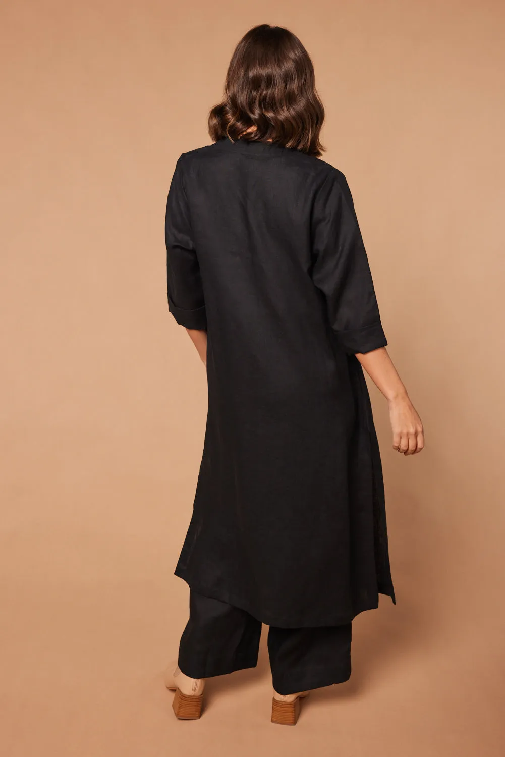 Long Line Fringed Linen Duster Jacket in Black