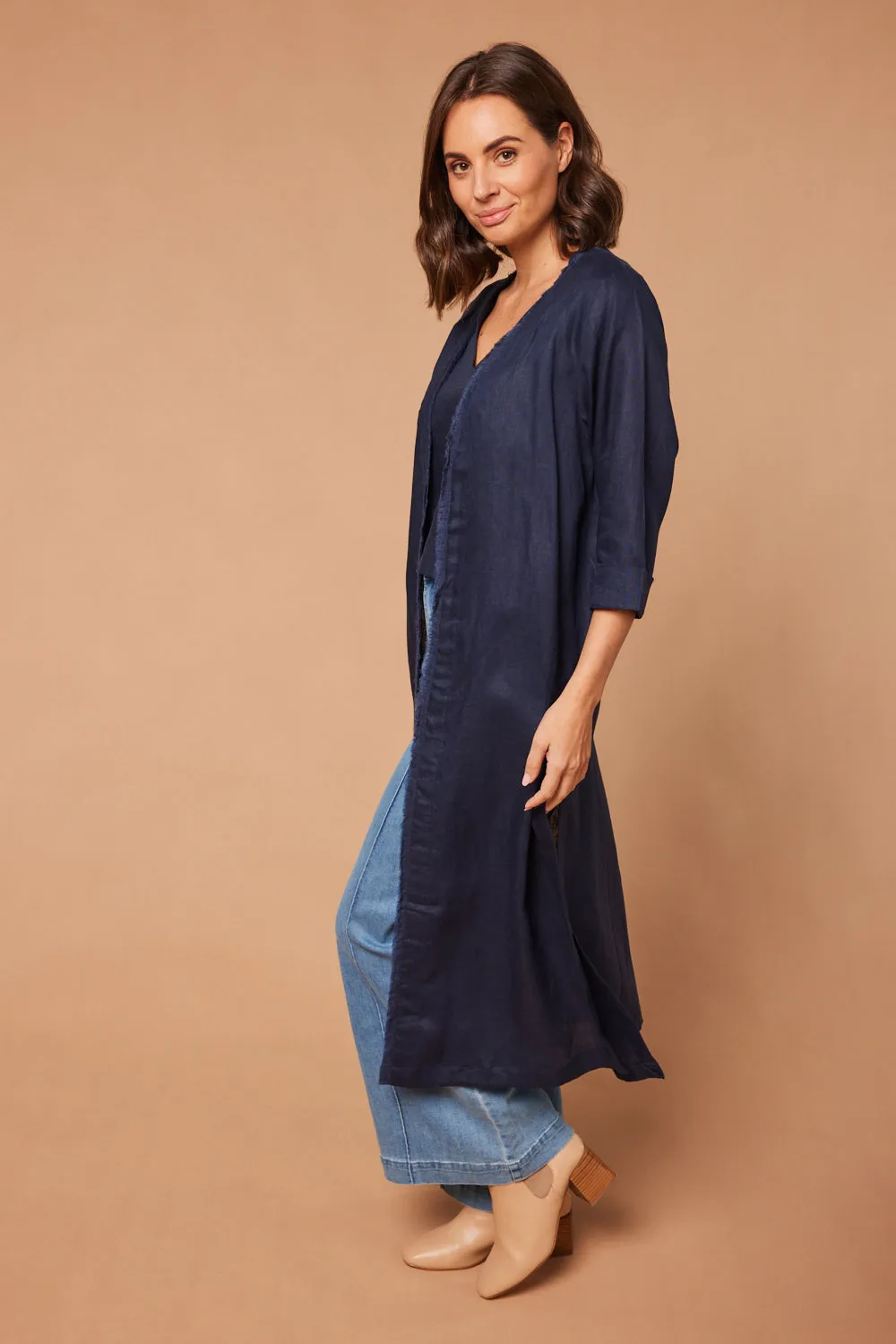 Long Line Fringed Linen Duster Jacket in Navy