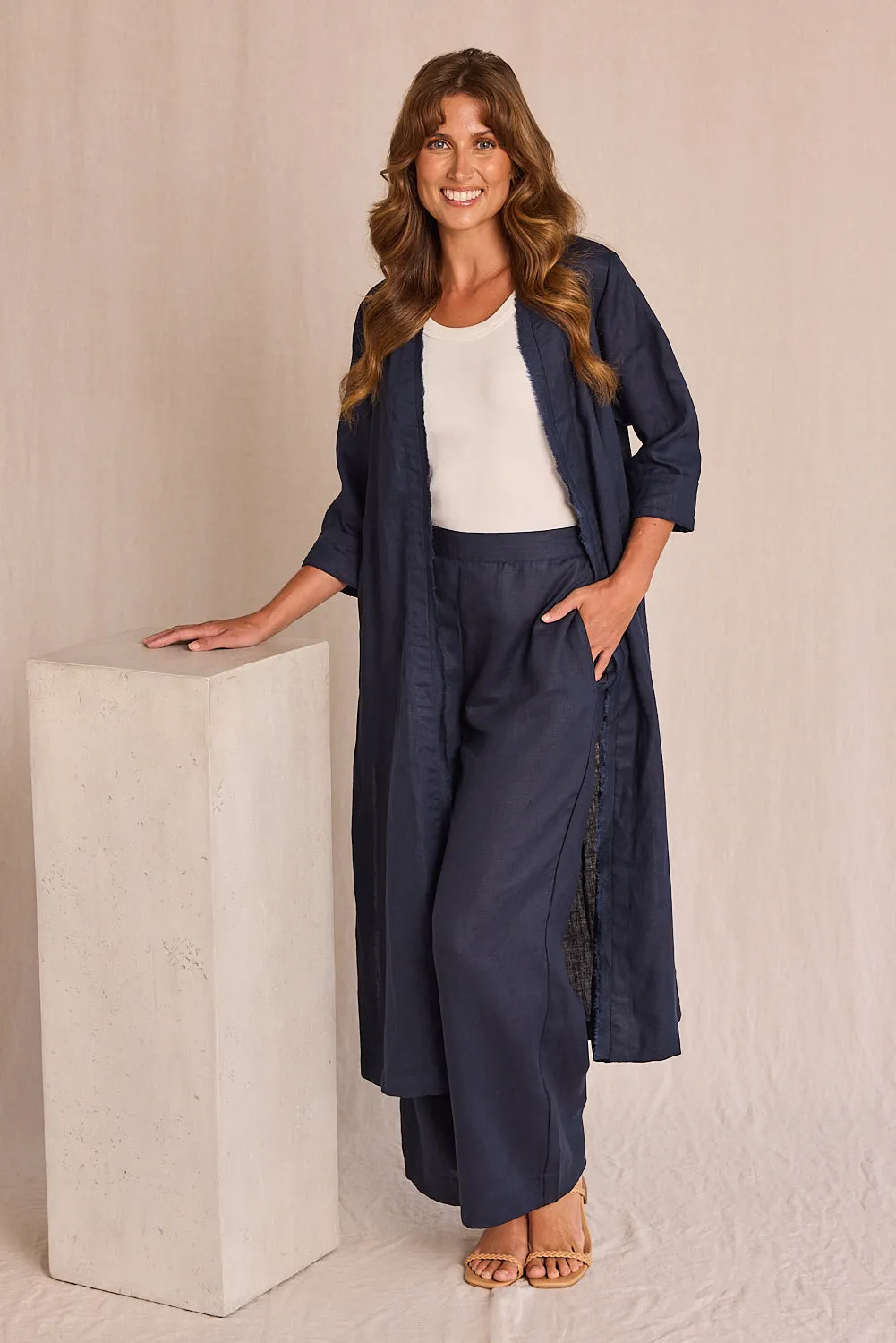 Long Line Fringed Linen Duster Jacket in Navy