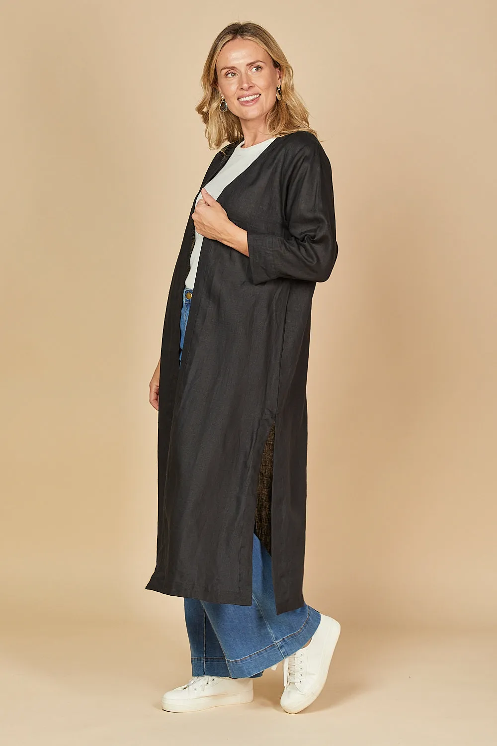 Long Line Linen Duster Jacket in Black