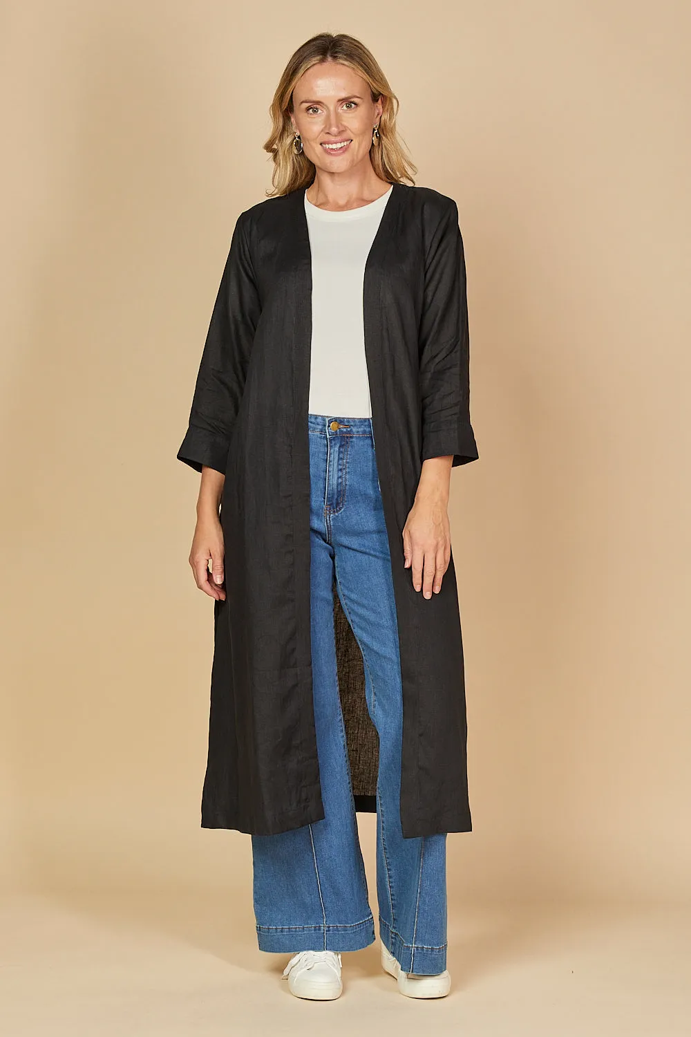 Long Line Linen Duster Jacket in Black