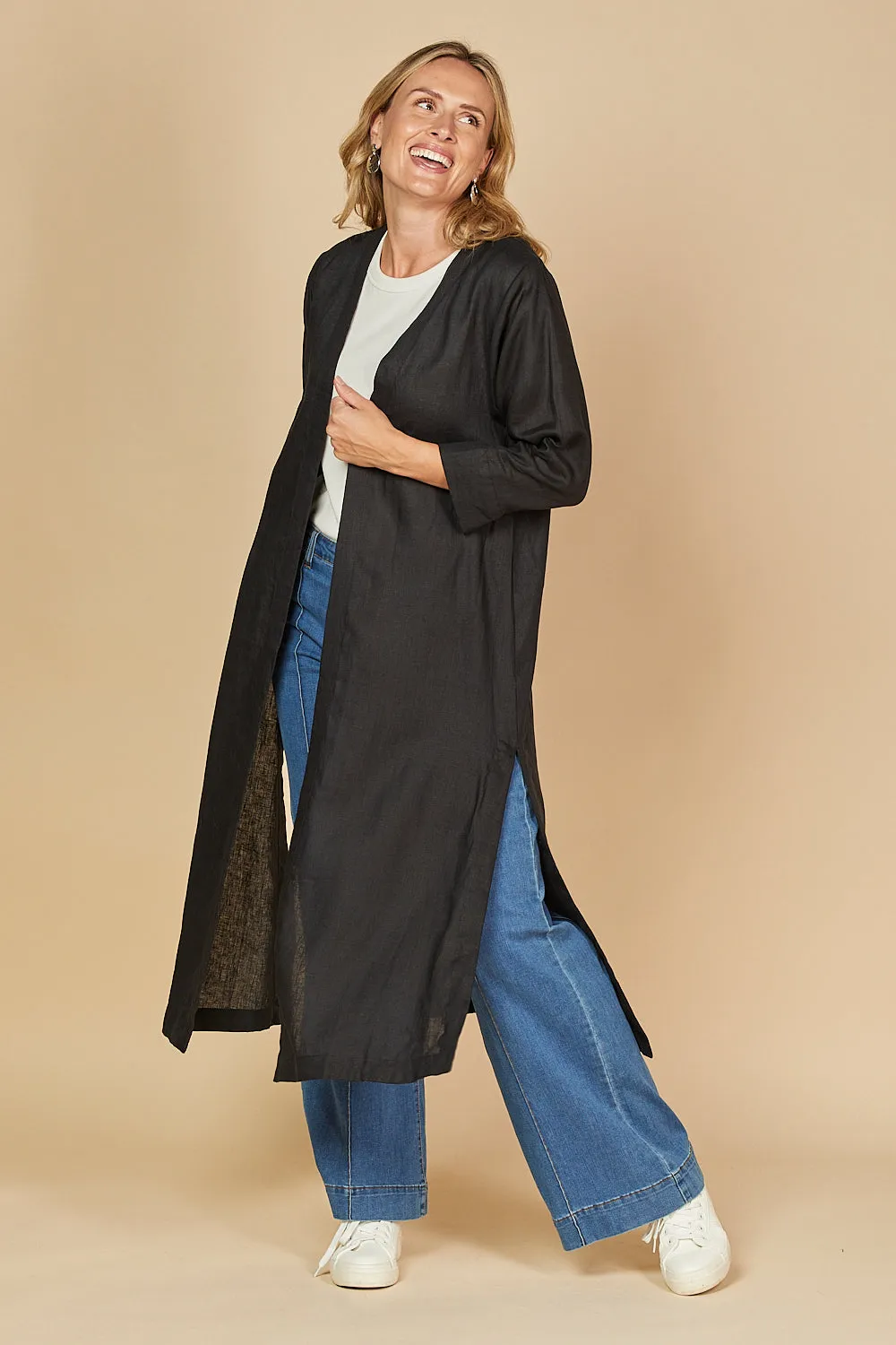 Long Line Linen Duster Jacket in Black