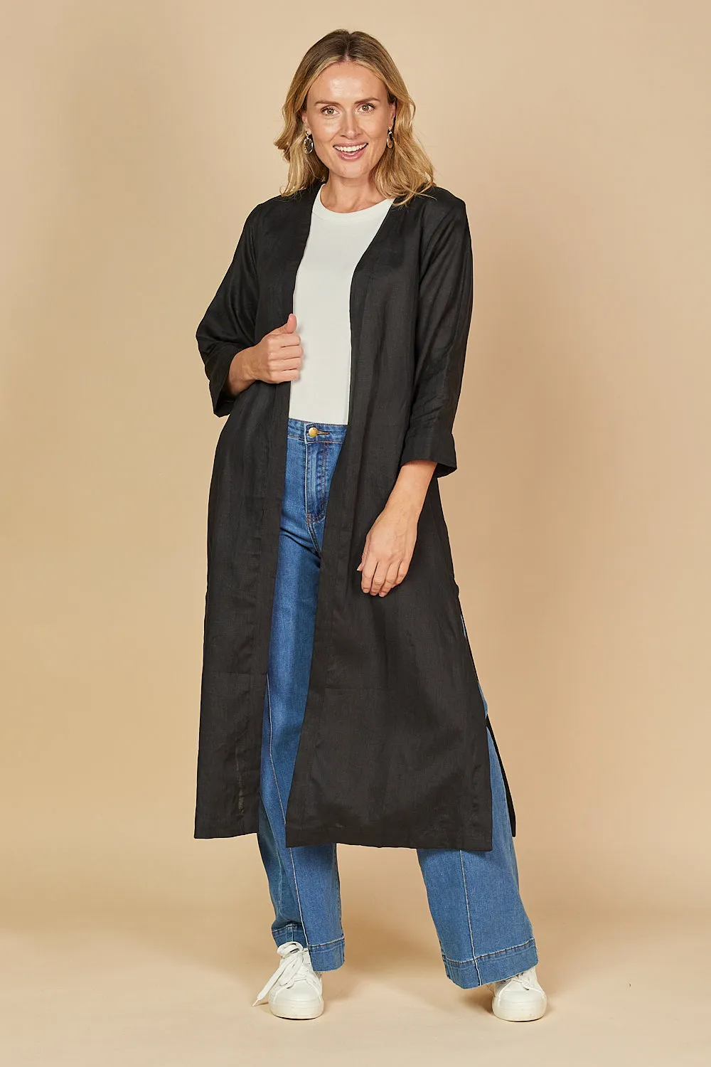 Long Line Linen Duster Jacket in Black