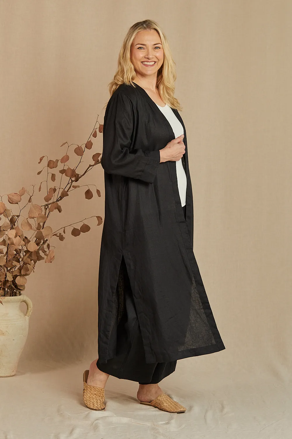 Long Line Linen Duster Jacket in Black